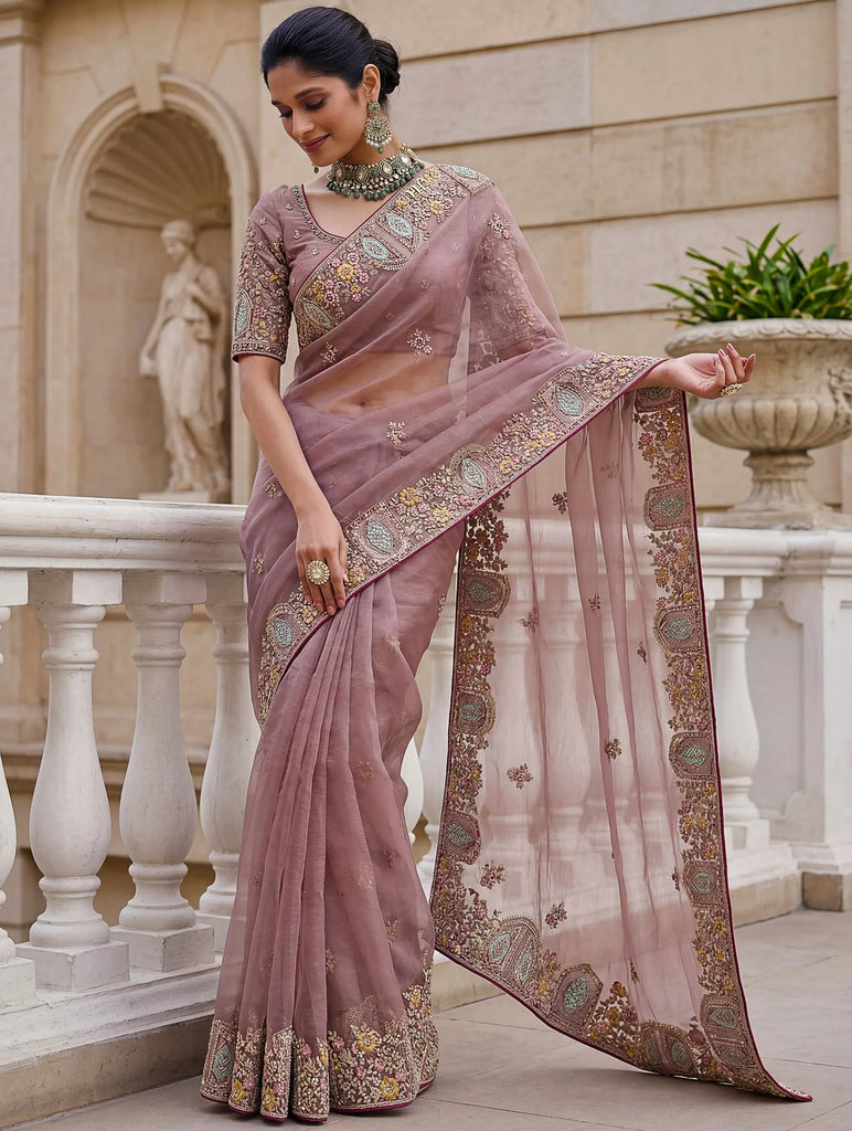 Notable Dusty Mauve Sequins Organza Party Wear Saree With Blouse