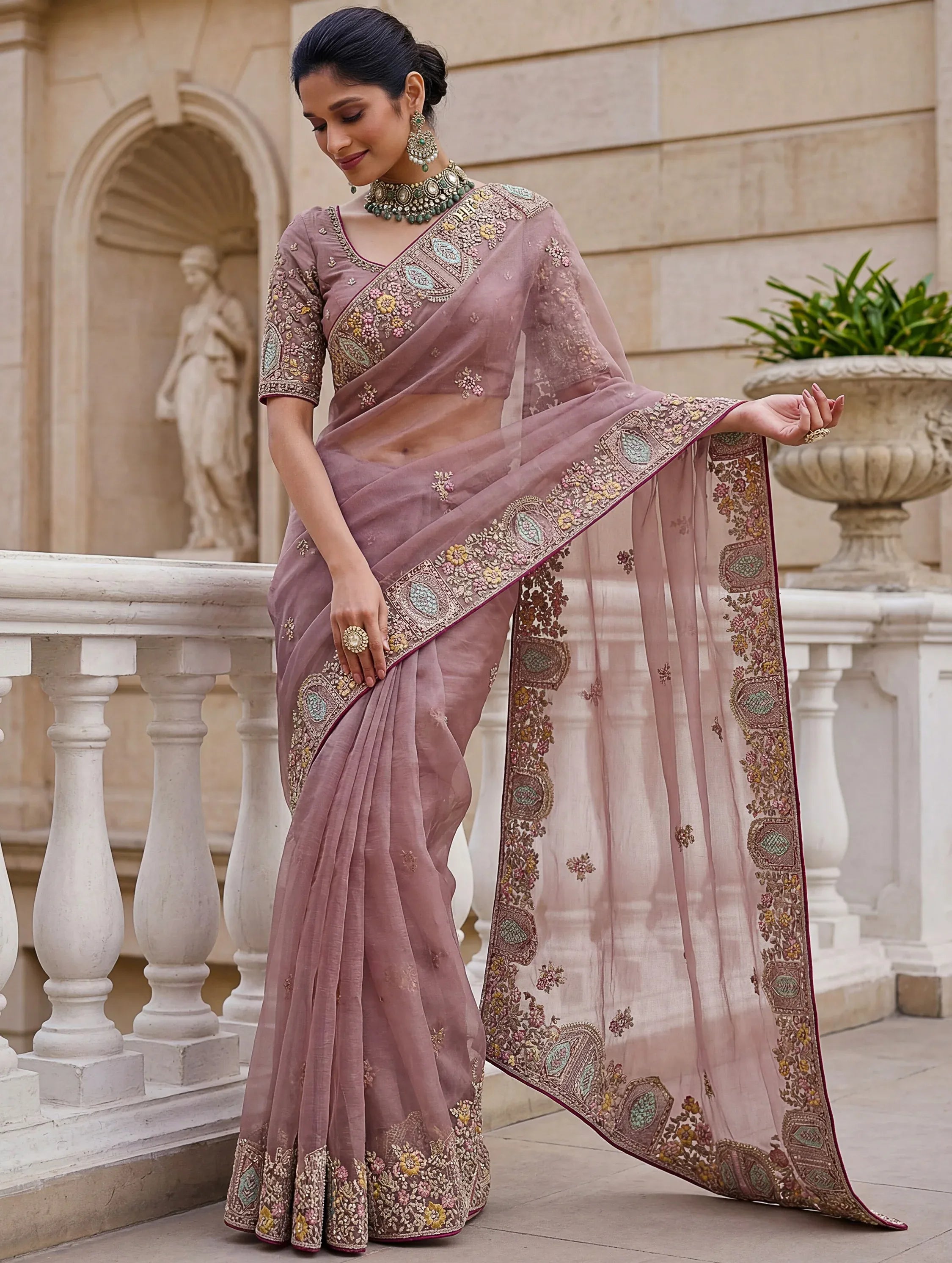 Notable Dusty Mauve Sequins Organza Party Wear Saree With Blouse
