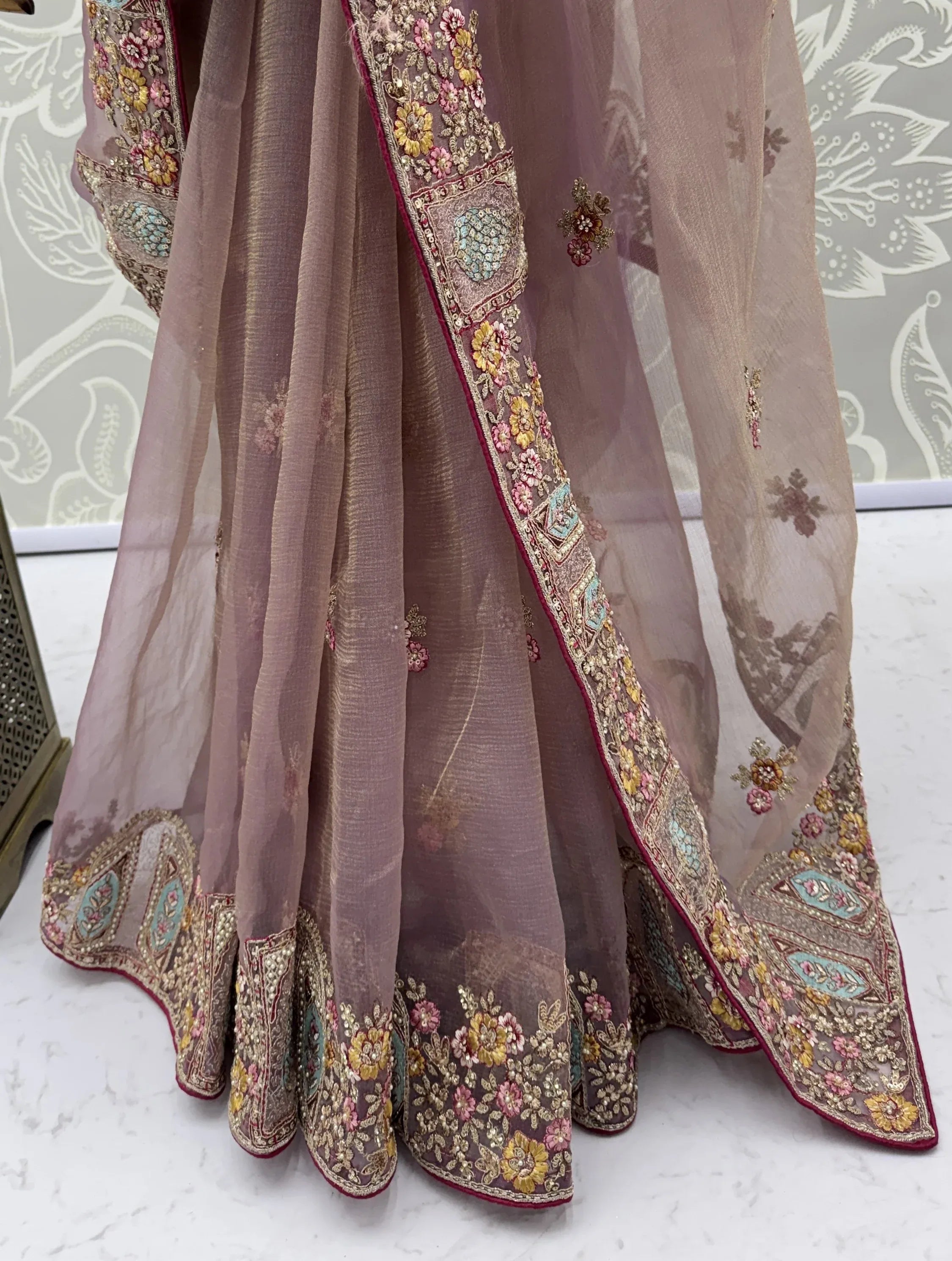 Notable Dusty Mauve Sequins Organza Party Wear Saree With Blouse