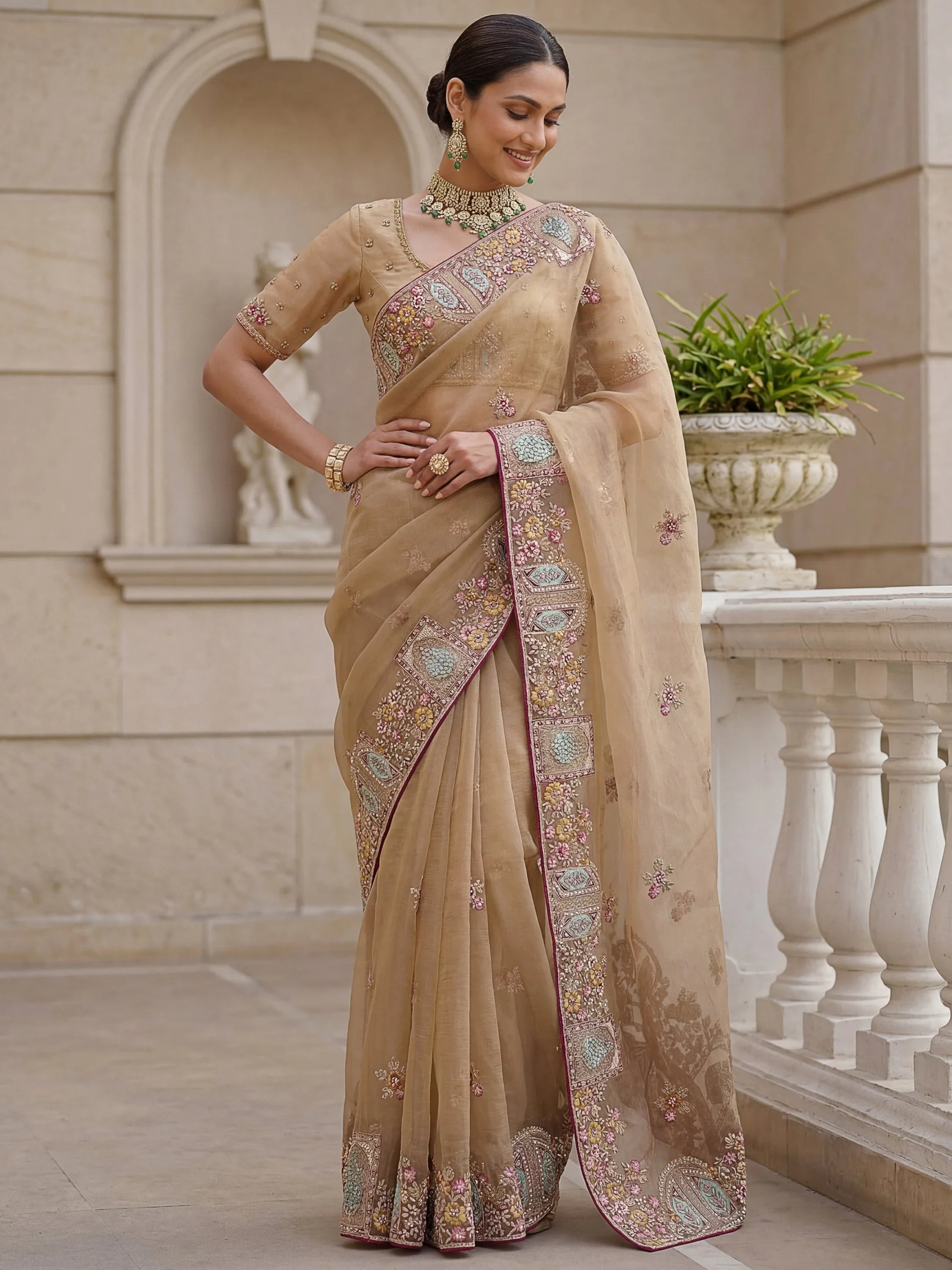 Lovable Beige Embroidered Organza Wedding Wear Saree With Blouse