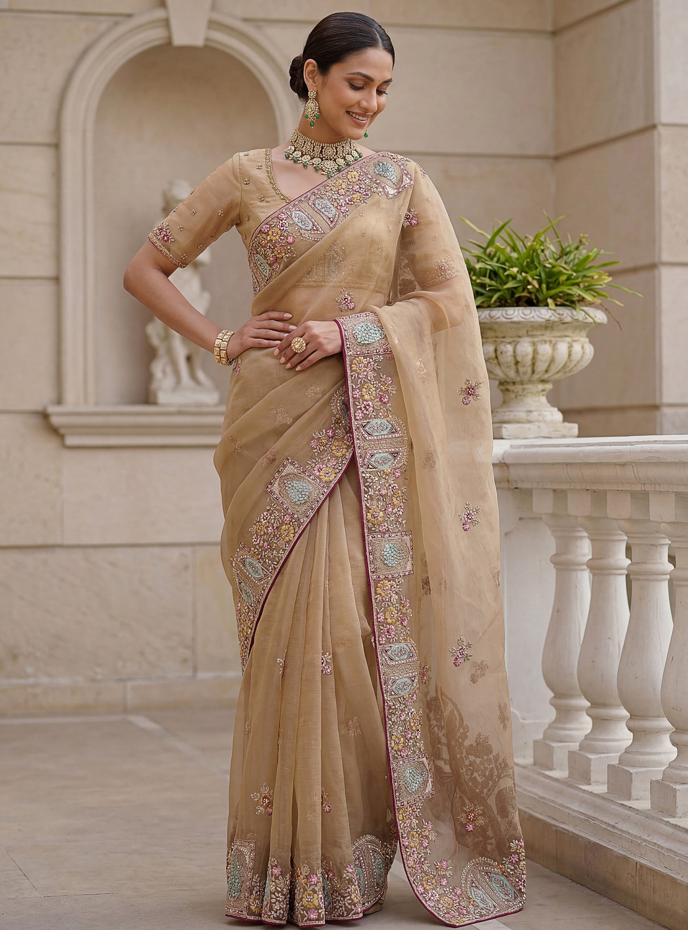 Lovable Beige Embroidered Organza Wedding Wear Saree With Blouse