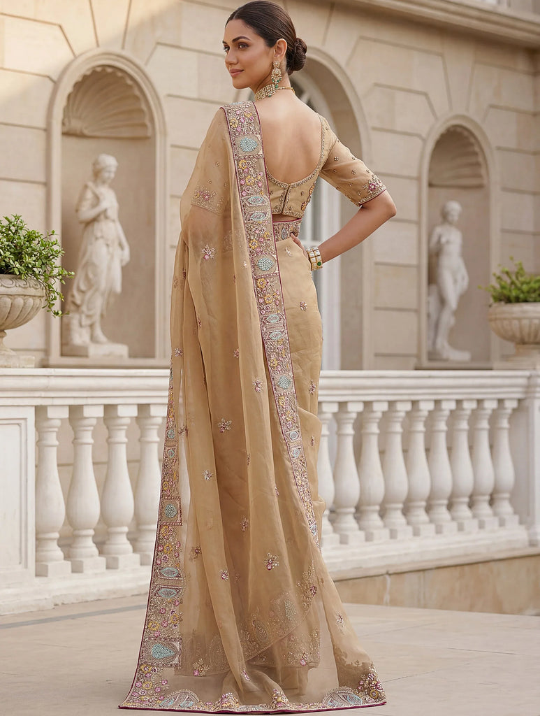 Lovable Beige Embroidered Organza Wedding Wear Saree With Blouse