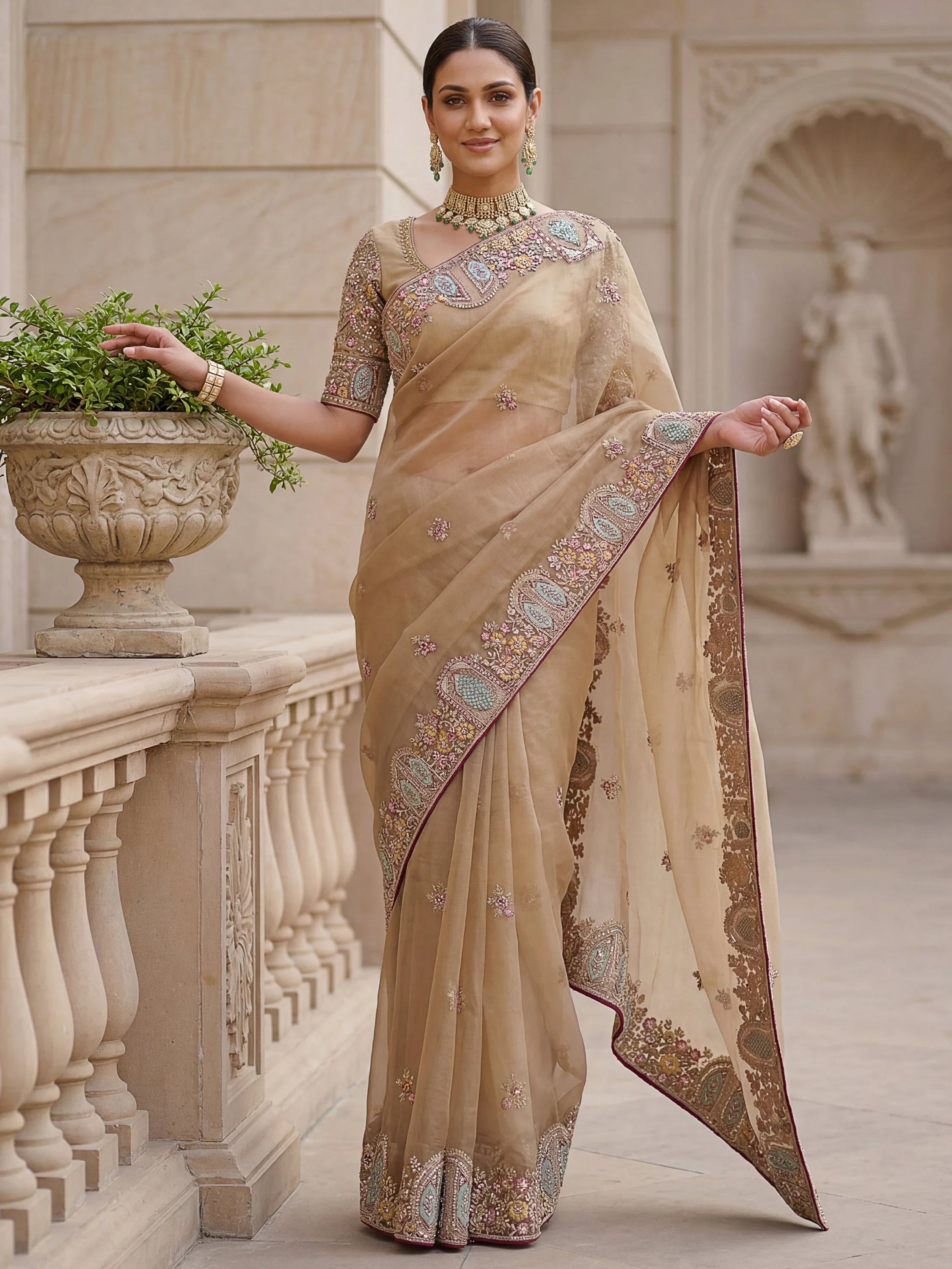 Lovable Beige Embroidered Organza Wedding Wear Saree With Blouse