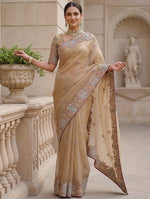 Lovable Beige Embroidered Organza Wedding Wear Saree With Blouse