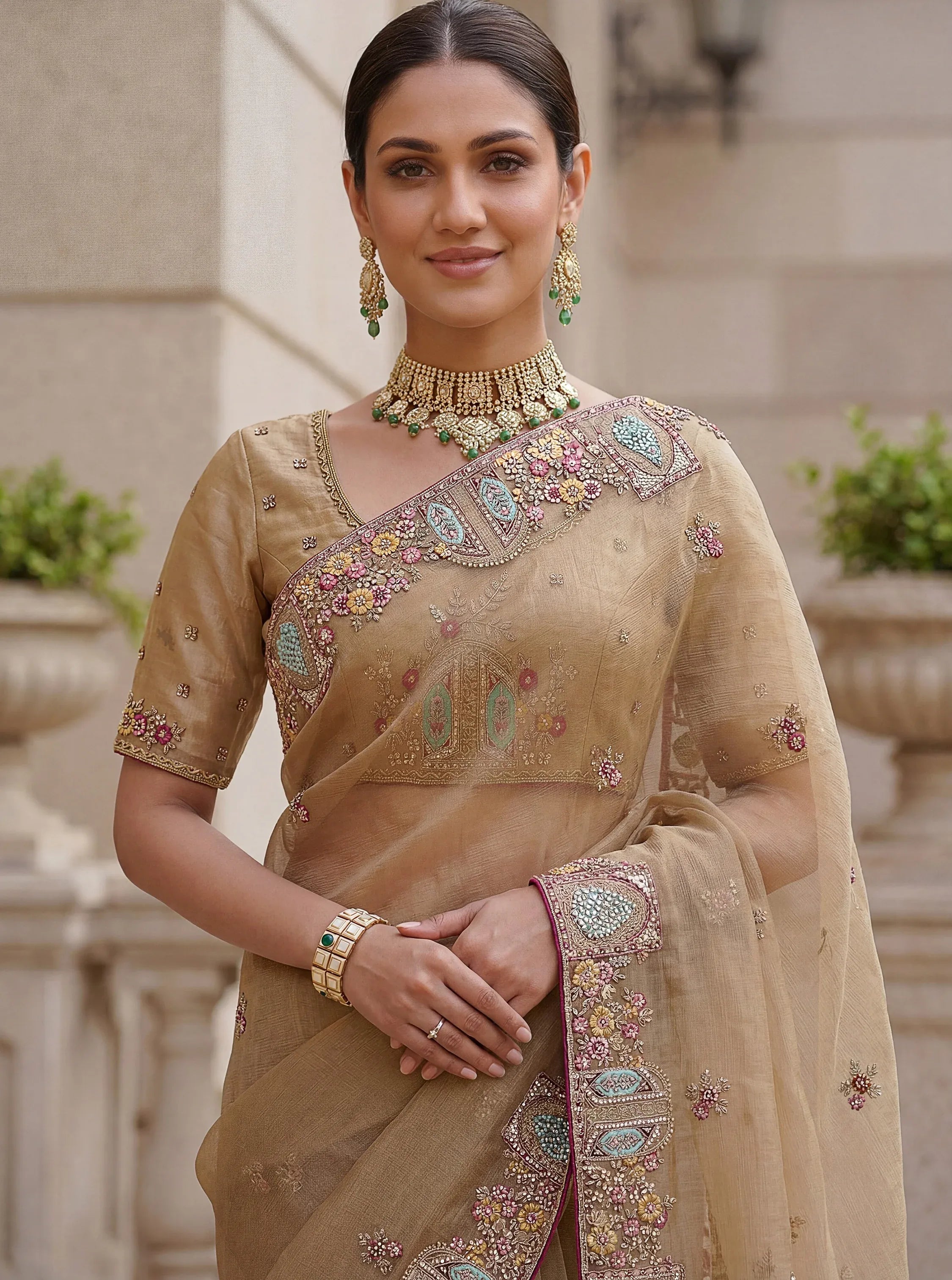 Lovable Beige Embroidered Organza Wedding Wear Saree With Blouse