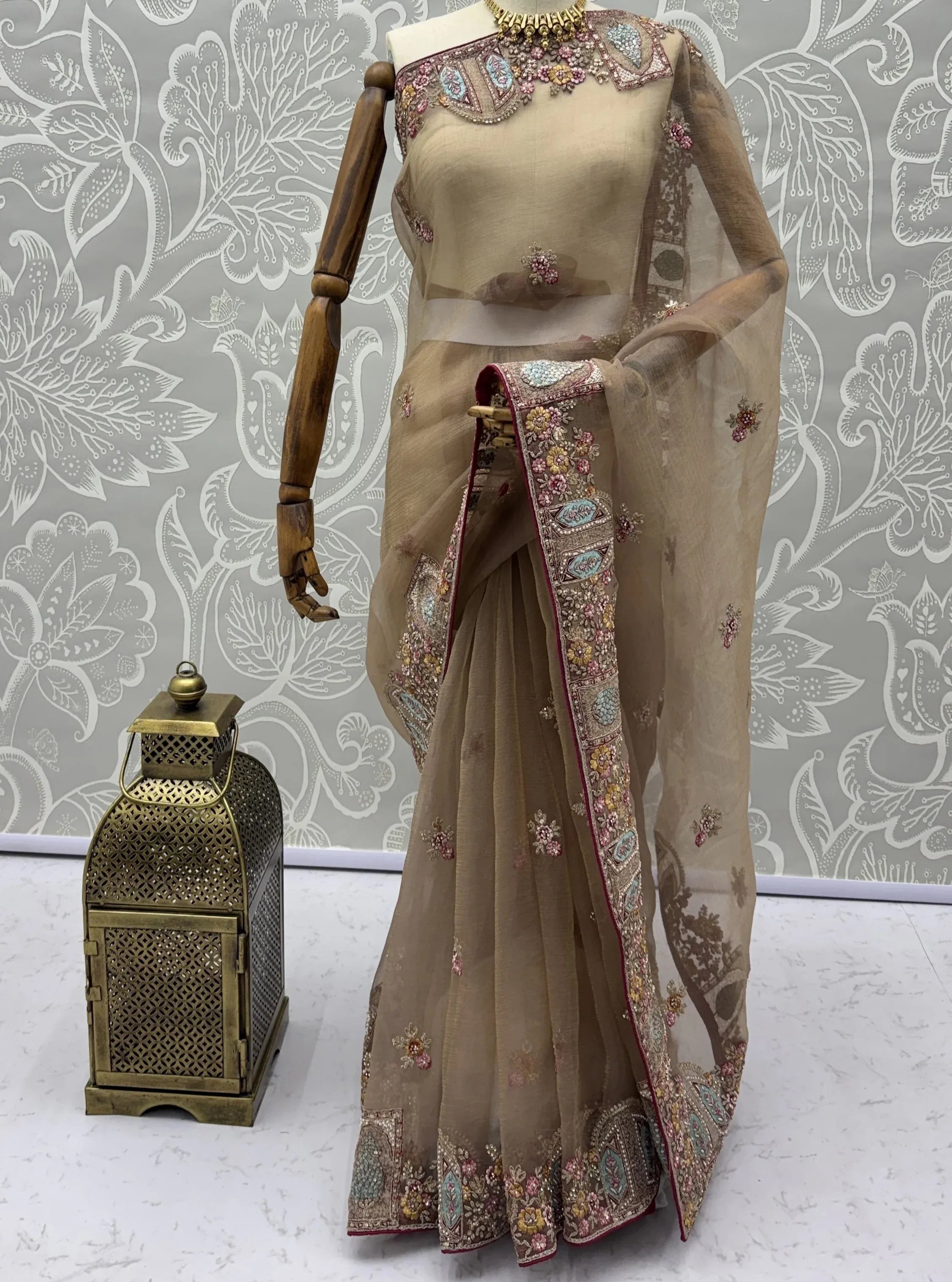 Lovable Beige Embroidered Organza Wedding Wear Saree With Blouse