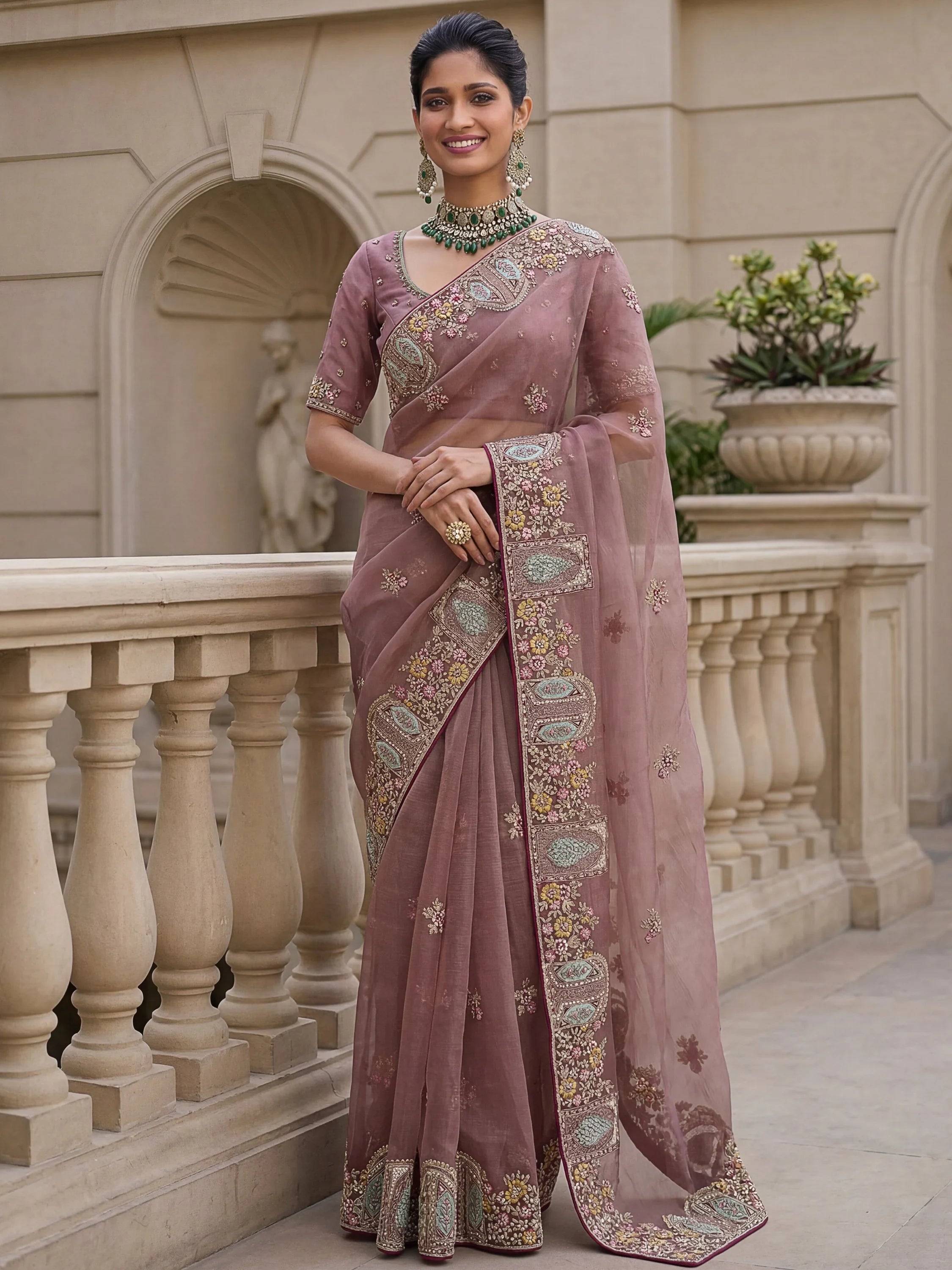 Sparkling Mauve Floral Embroidery Organza Traditional Saree With Blouse