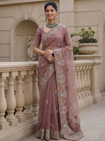 Sparkling Mauve Floral Embroidery Organza Traditional Saree With Blouse