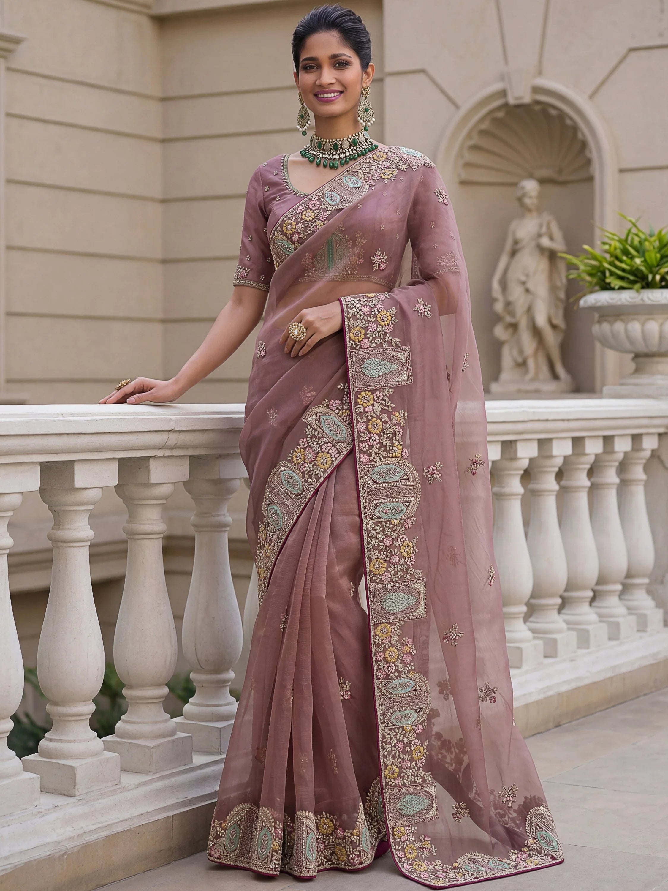 Sparkling Mauve Floral Embroidery Organza Traditional Saree With Blouse