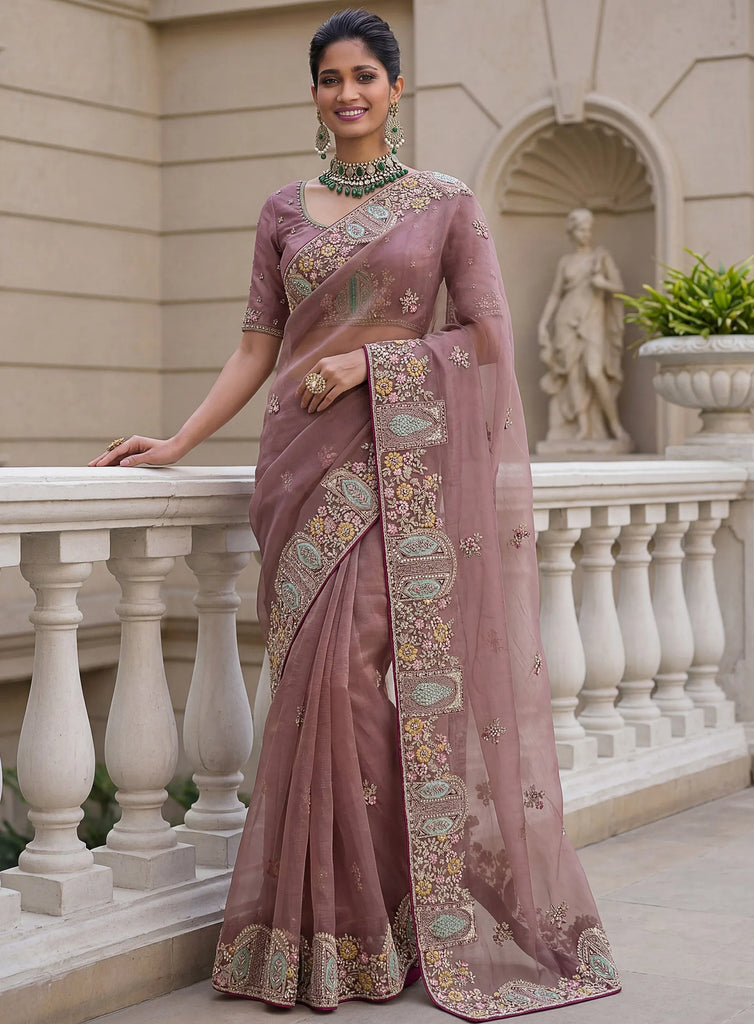 Sparkling Mauve Floral Embroidery Organza Traditional Saree With Blouse