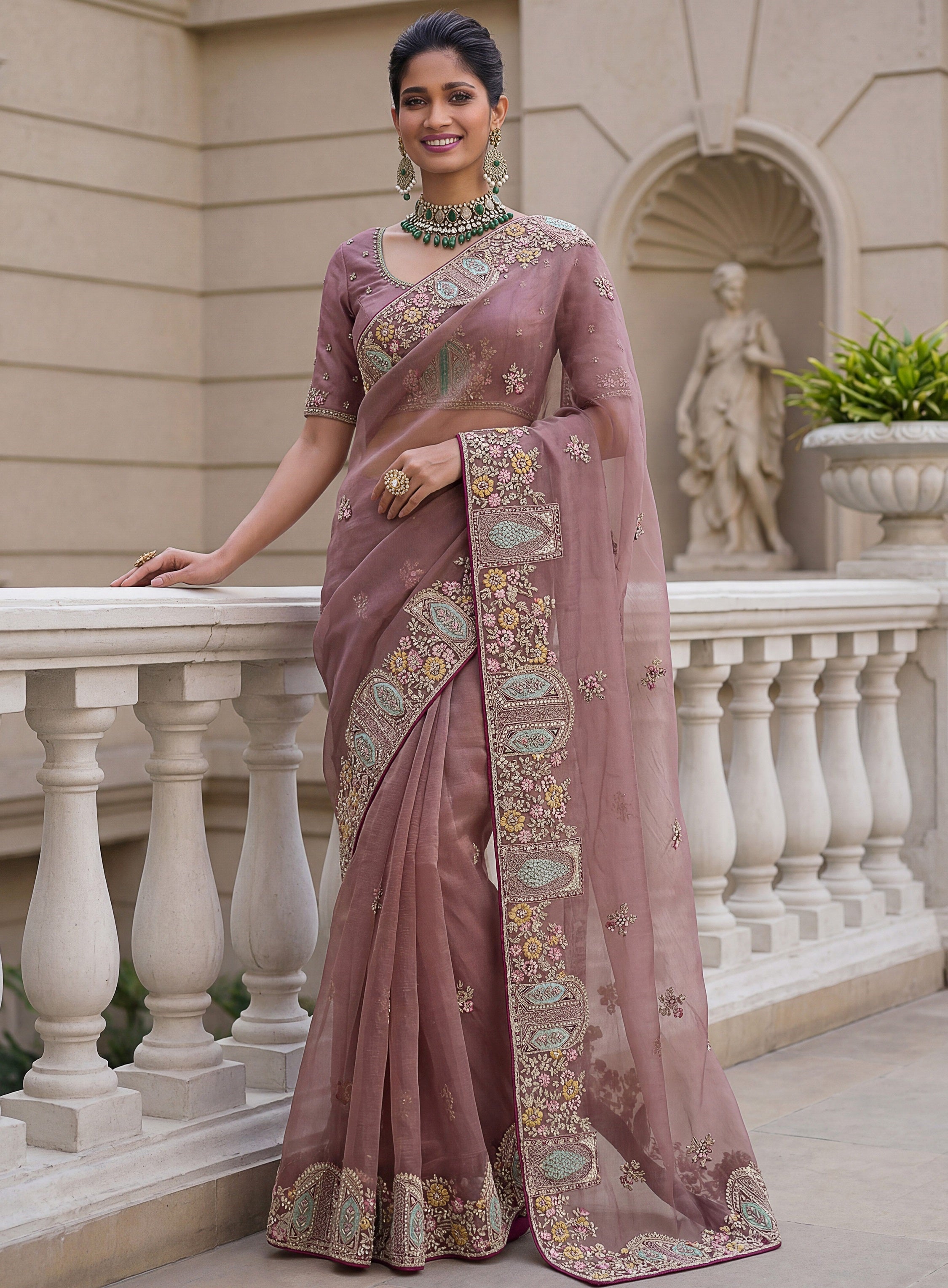 Sparkling Mauve Floral Embroidery Organza Traditional Saree With Blouse