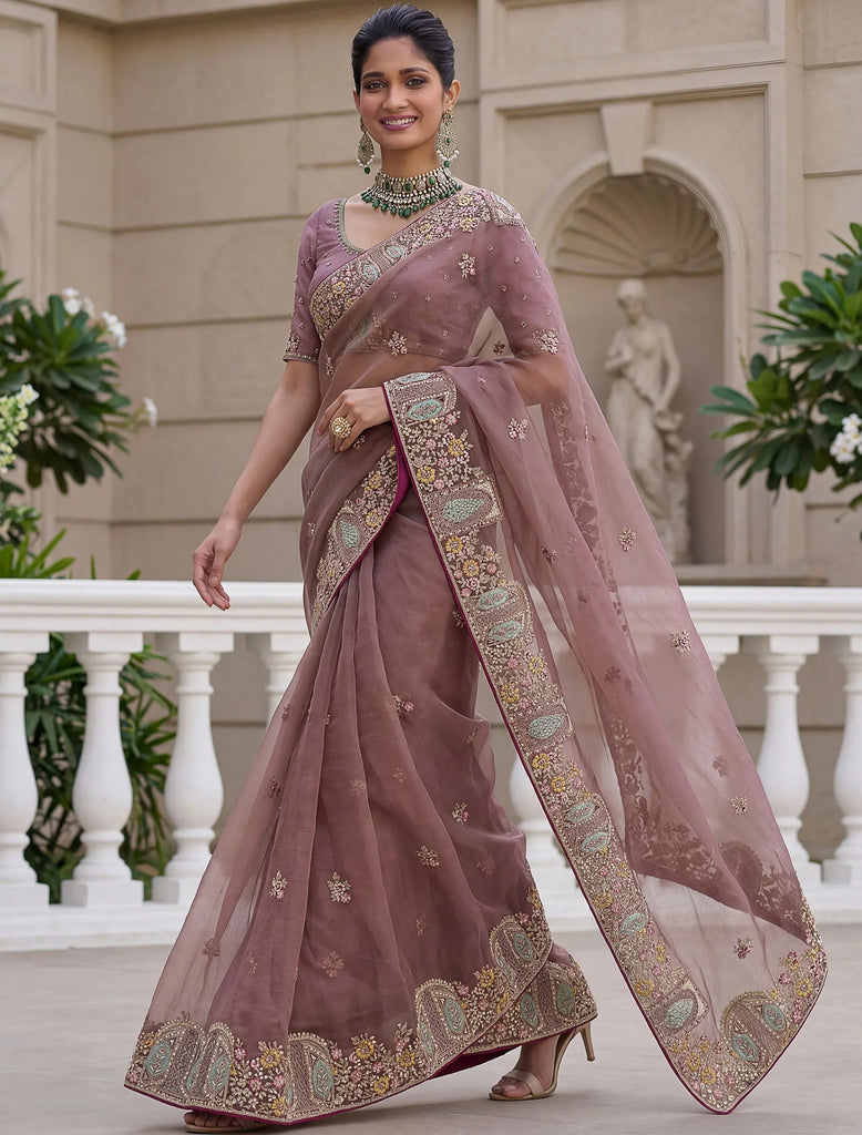 Sparkling Mauve Floral Embroidery Organza Traditional Saree With Blouse