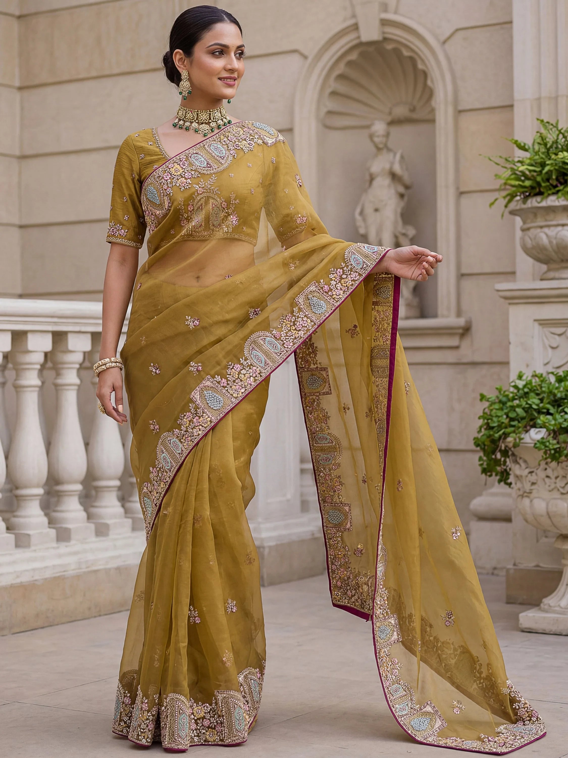 Rich Mustard Yellow Thread Work Organza Designer Saree With Blouse