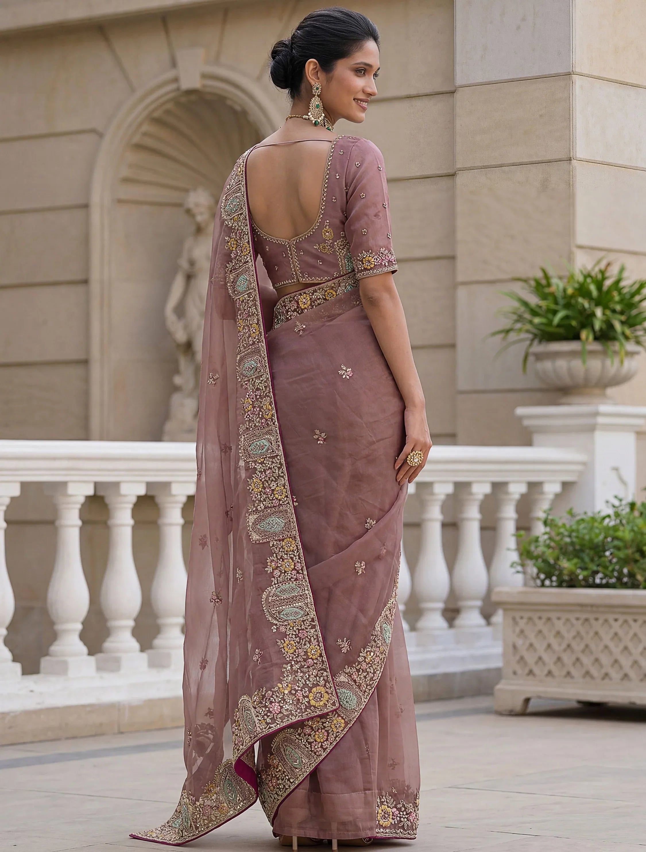 Sparkling Mauve Floral Embroidery Organza Traditional Saree With Blouse
