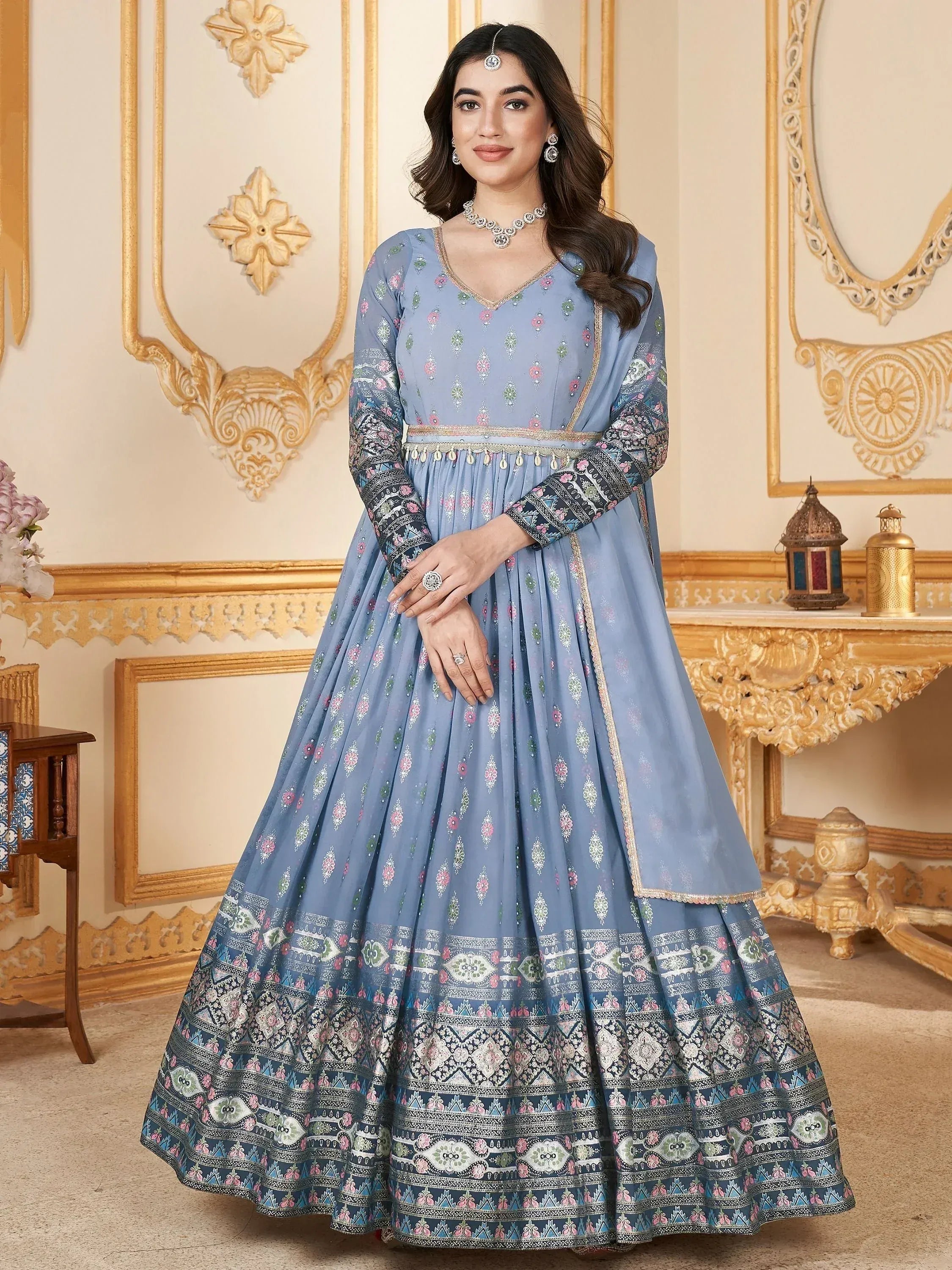 Blue printed anarkali suit with intricate embroidery, perfect for Indian ethnic wear occasions