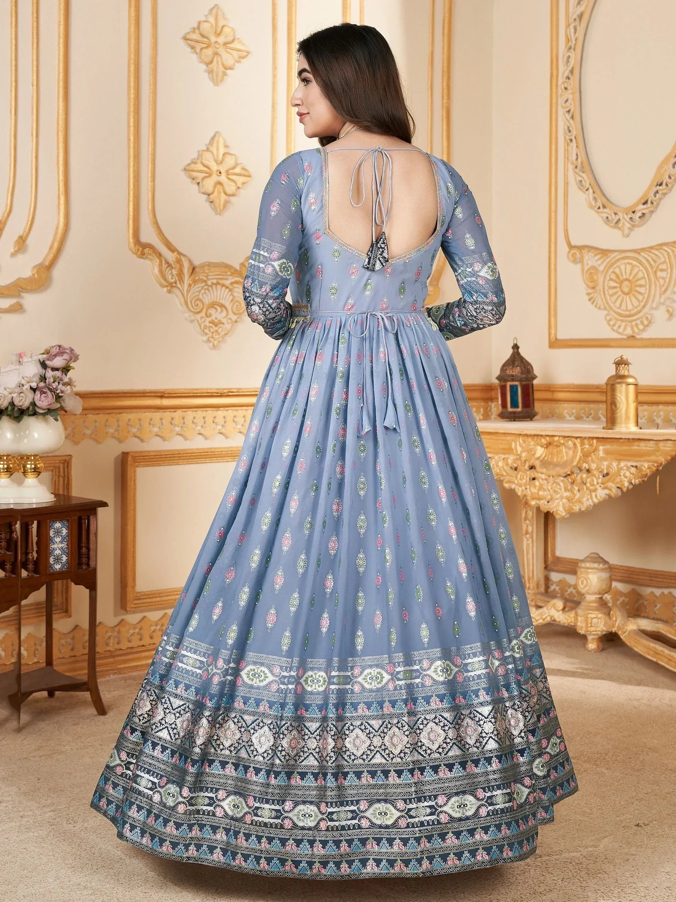 Blue floral printed ethnic gown with back tie detail, perfect for Indian occasions