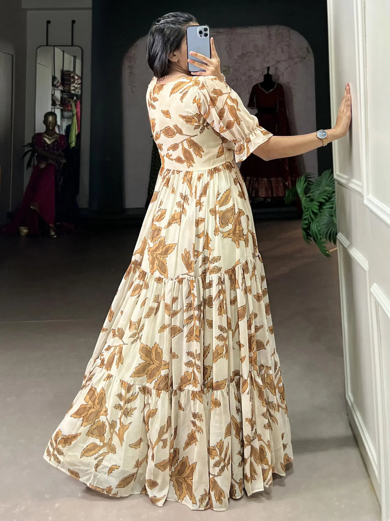 Tantalizing Beige Digital Printed Georgette Event Wear Gown