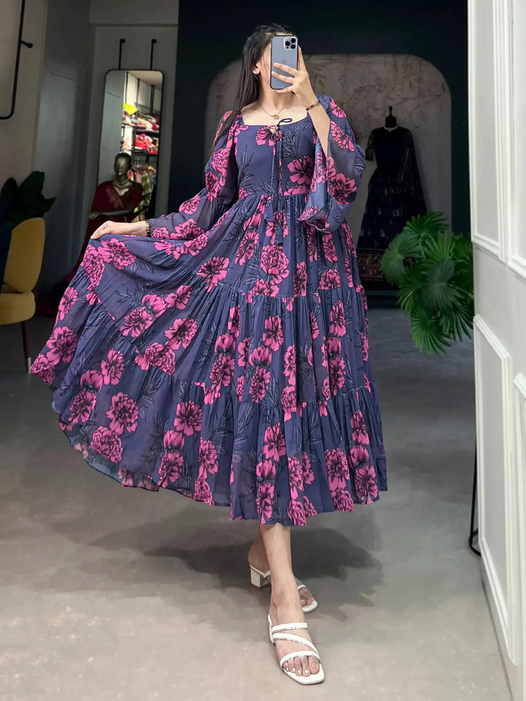 Marvelous Steel Blue Floral Printed Georgette Party Wear Dresses