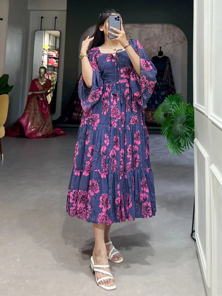 Marvelous Steel Blue Floral Printed Georgette Party Wear Dresses