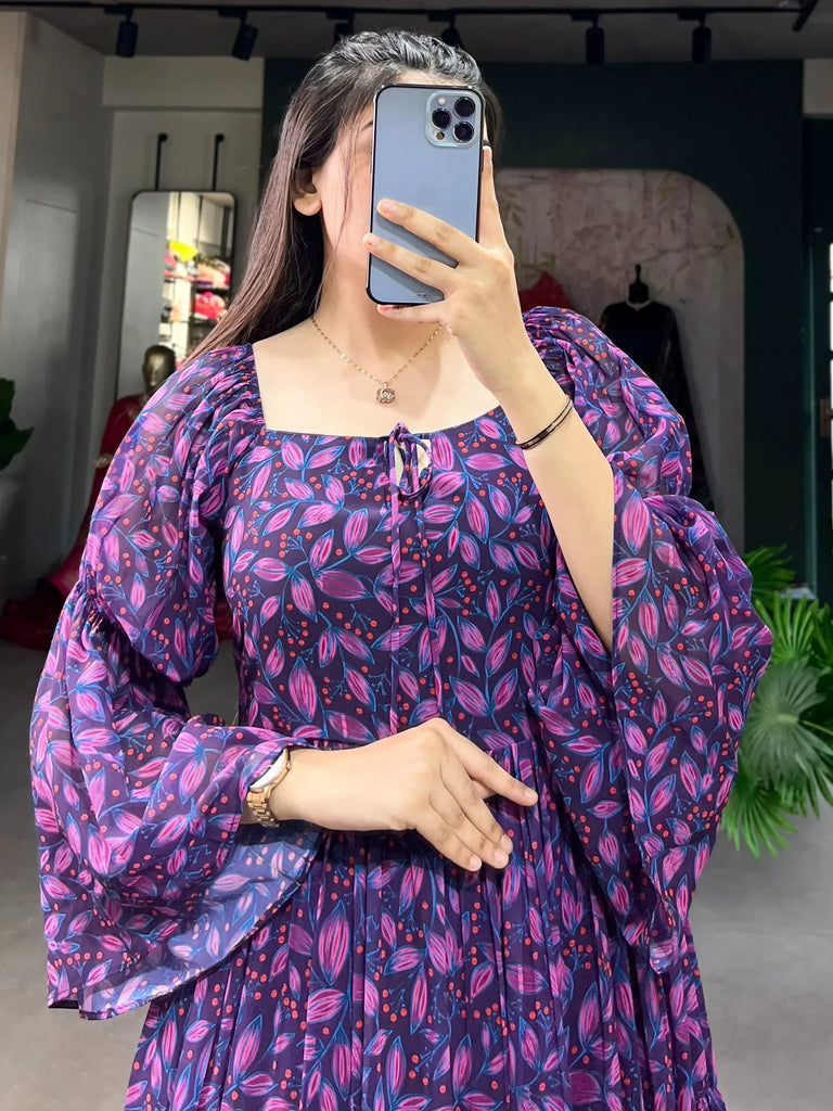 Awesome Navy Blue Digital Printed Georgette Festival Wear Dresses