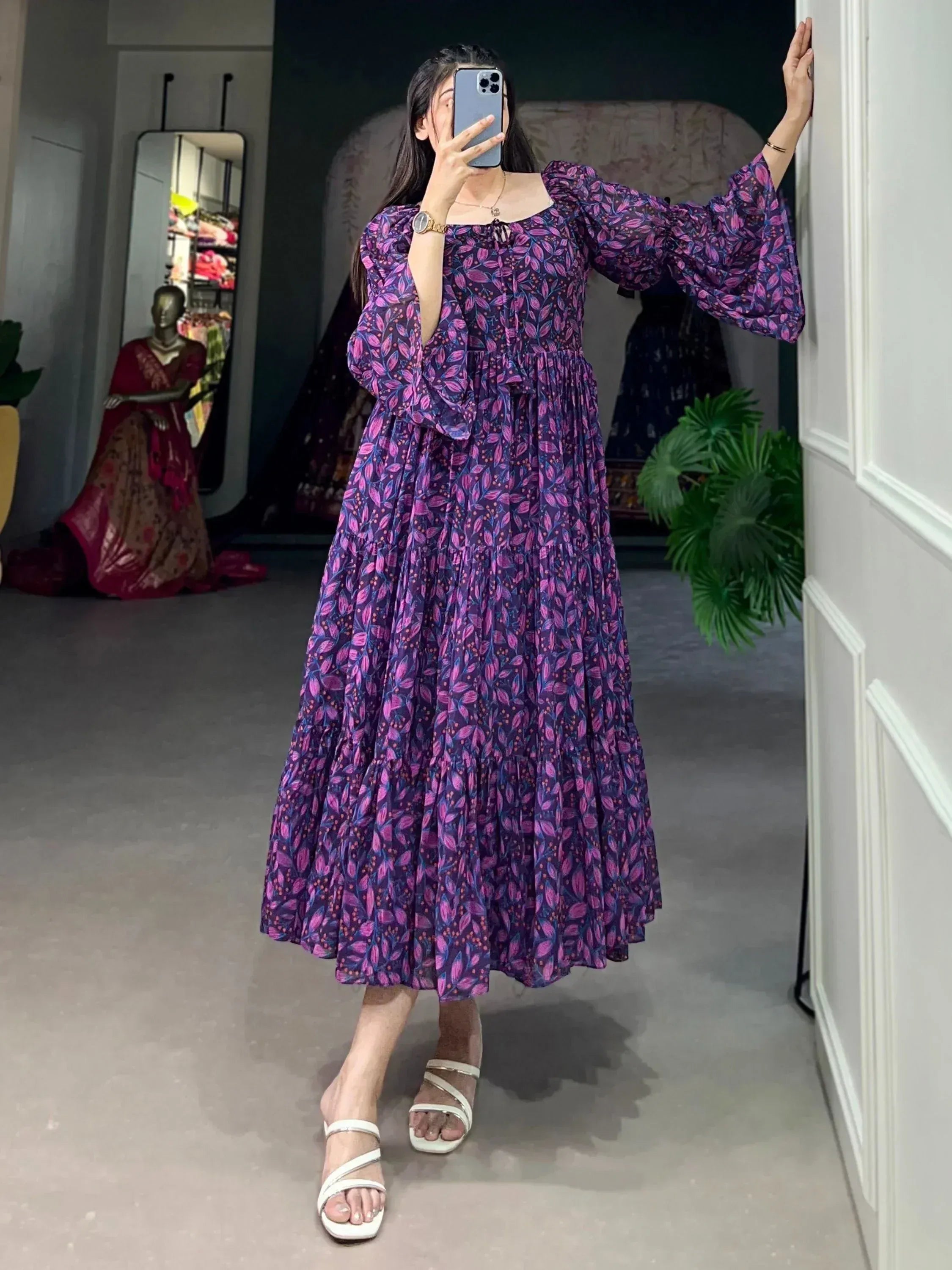 Purple floral ethnic gown with puff sleeves, perfect for Indian occasions and festive wear