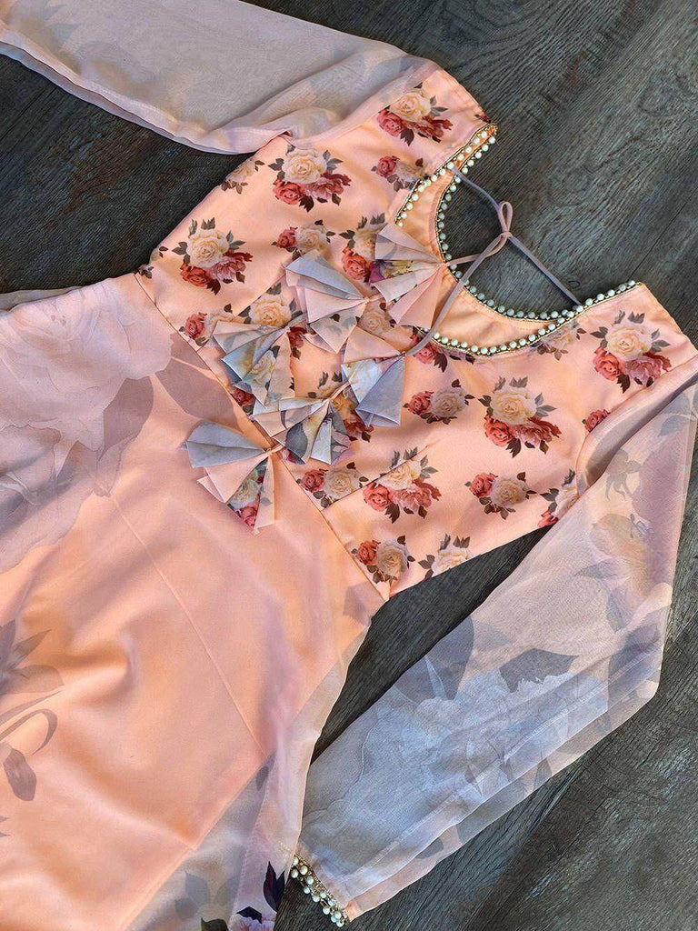 Enchanting Peach Printed Georgette Ready-Made Anarkali Gown