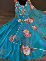 Stunning Sky Blue Printed Georgette Ready-Made Anarkali Gown
