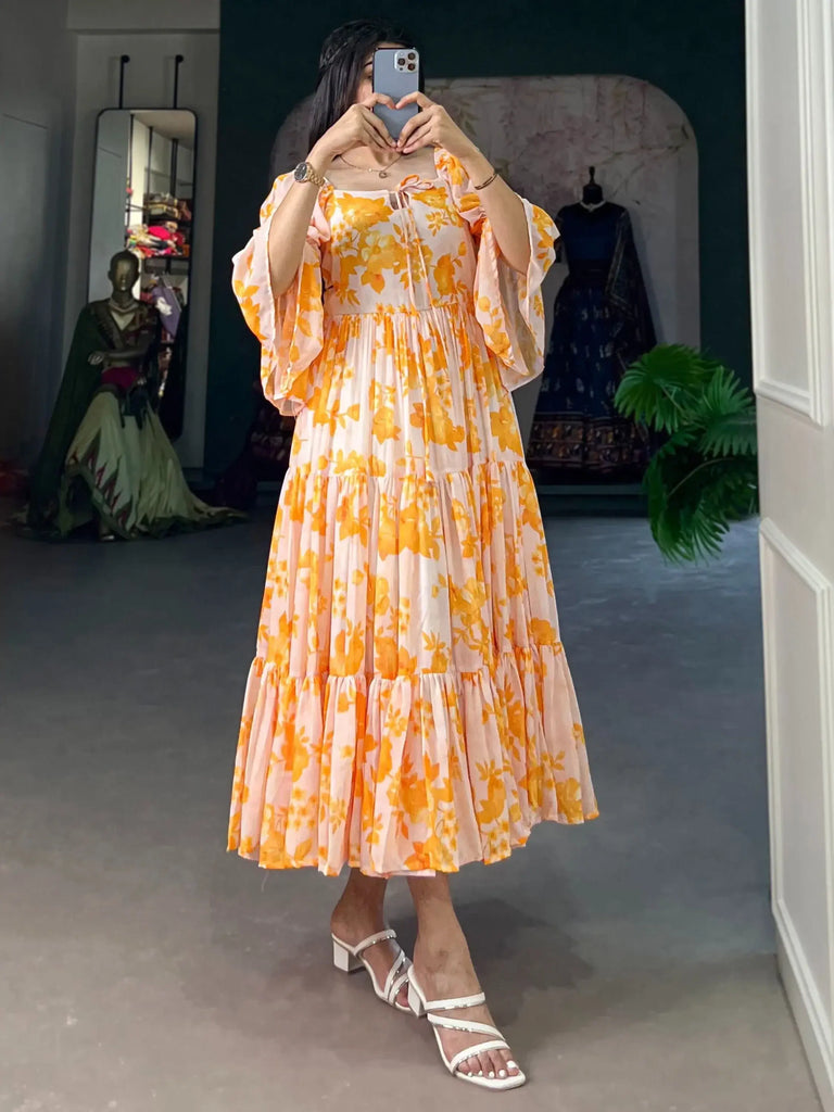 Beautiful Yellow Floral Printed Georgette Casual Wear Dresses