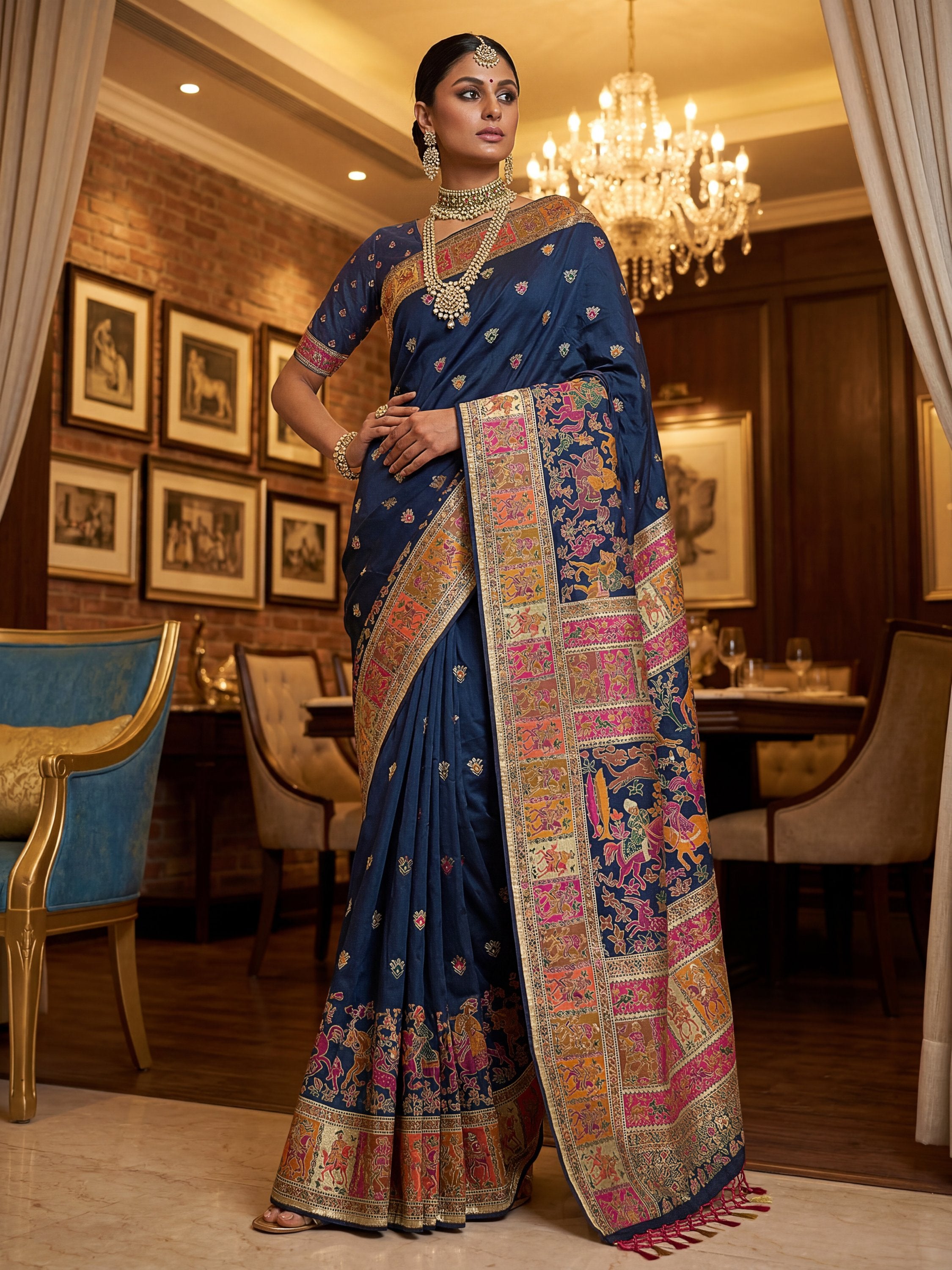 Marvelous Navy Blue Zari Work Pashmina Silk Saree With Blouse