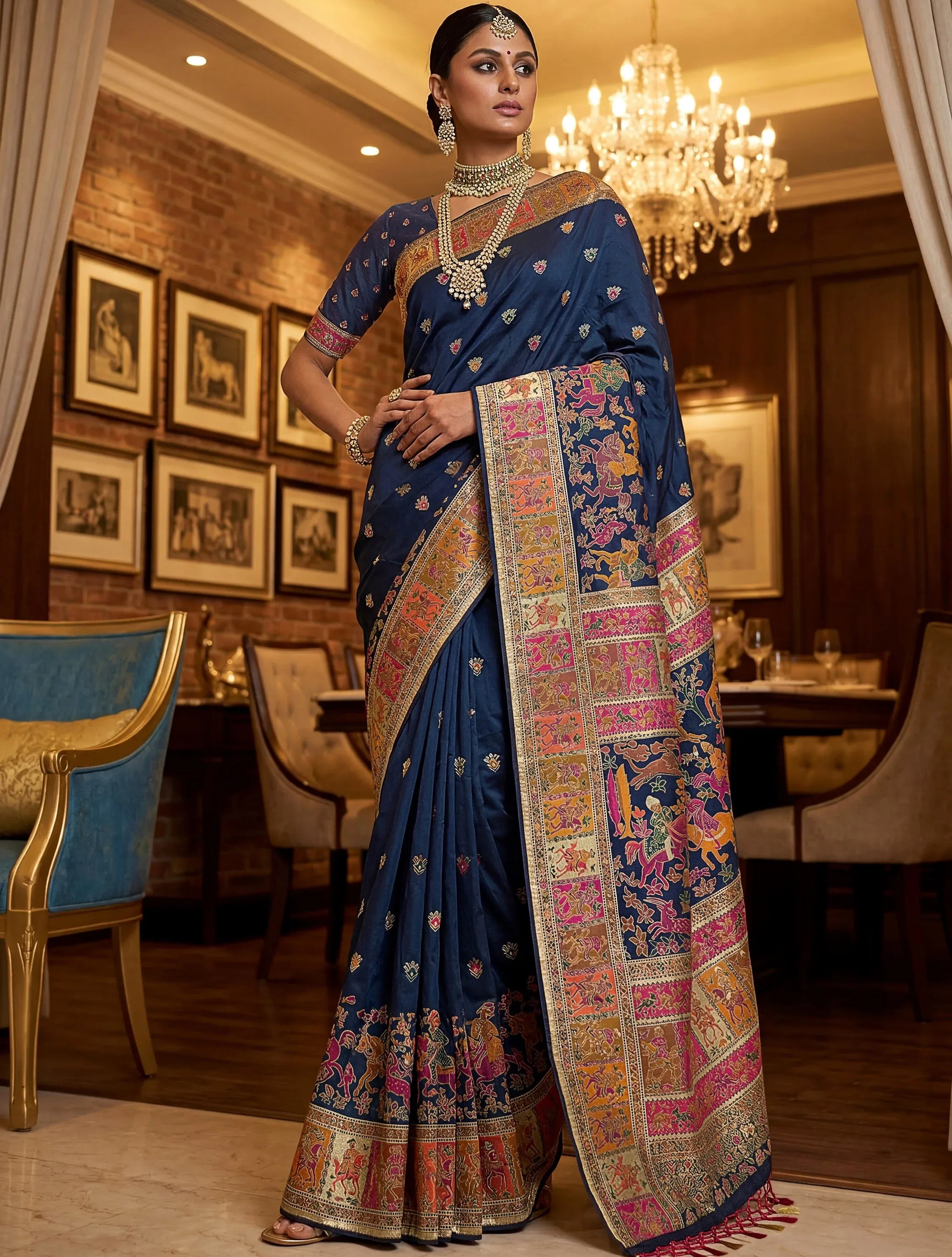 Marvelous Navy Blue Zari Work Pashmina Silk Saree With Blouse