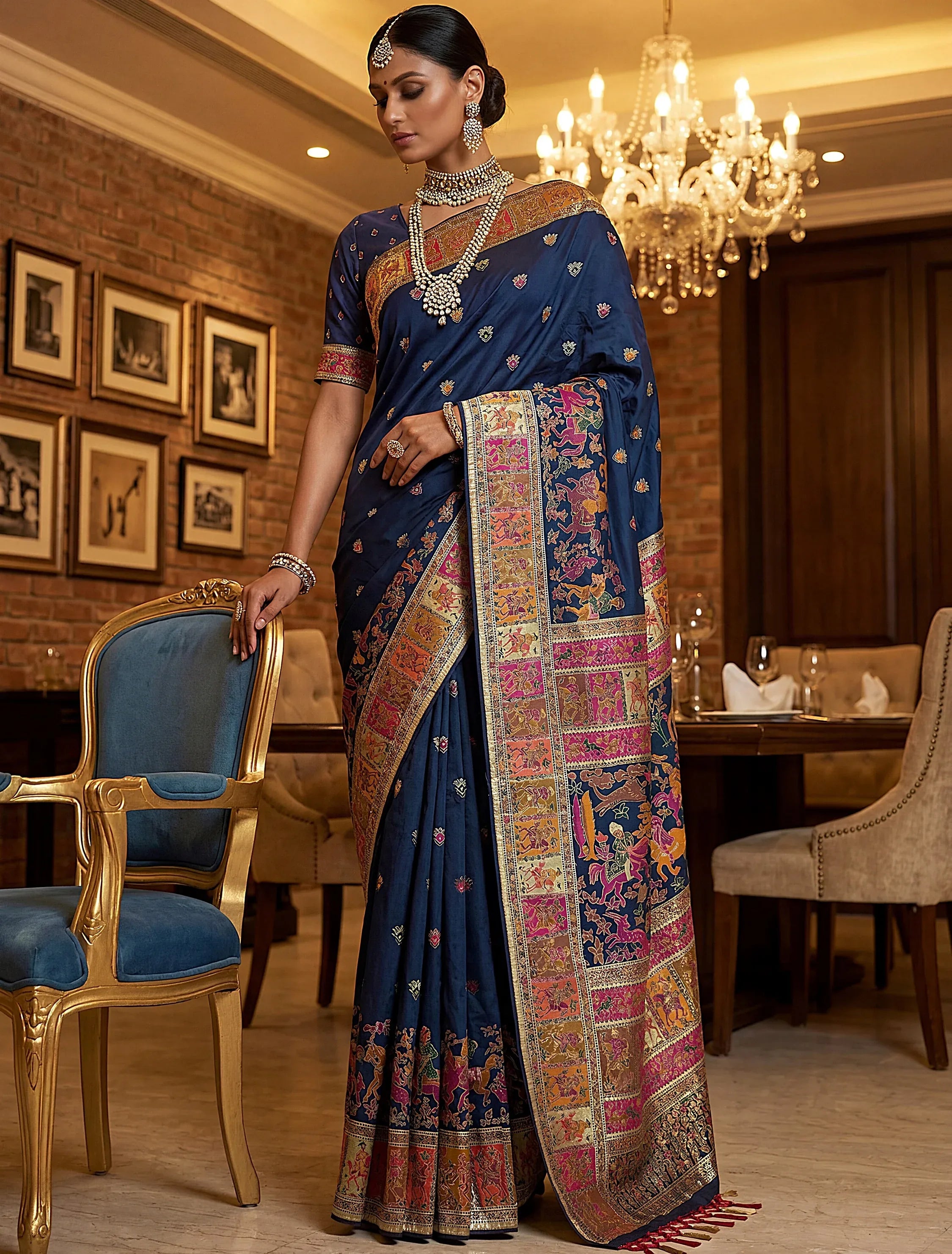 Marvelous Navy Blue Zari Work Pashmina Silk Saree With Blouse