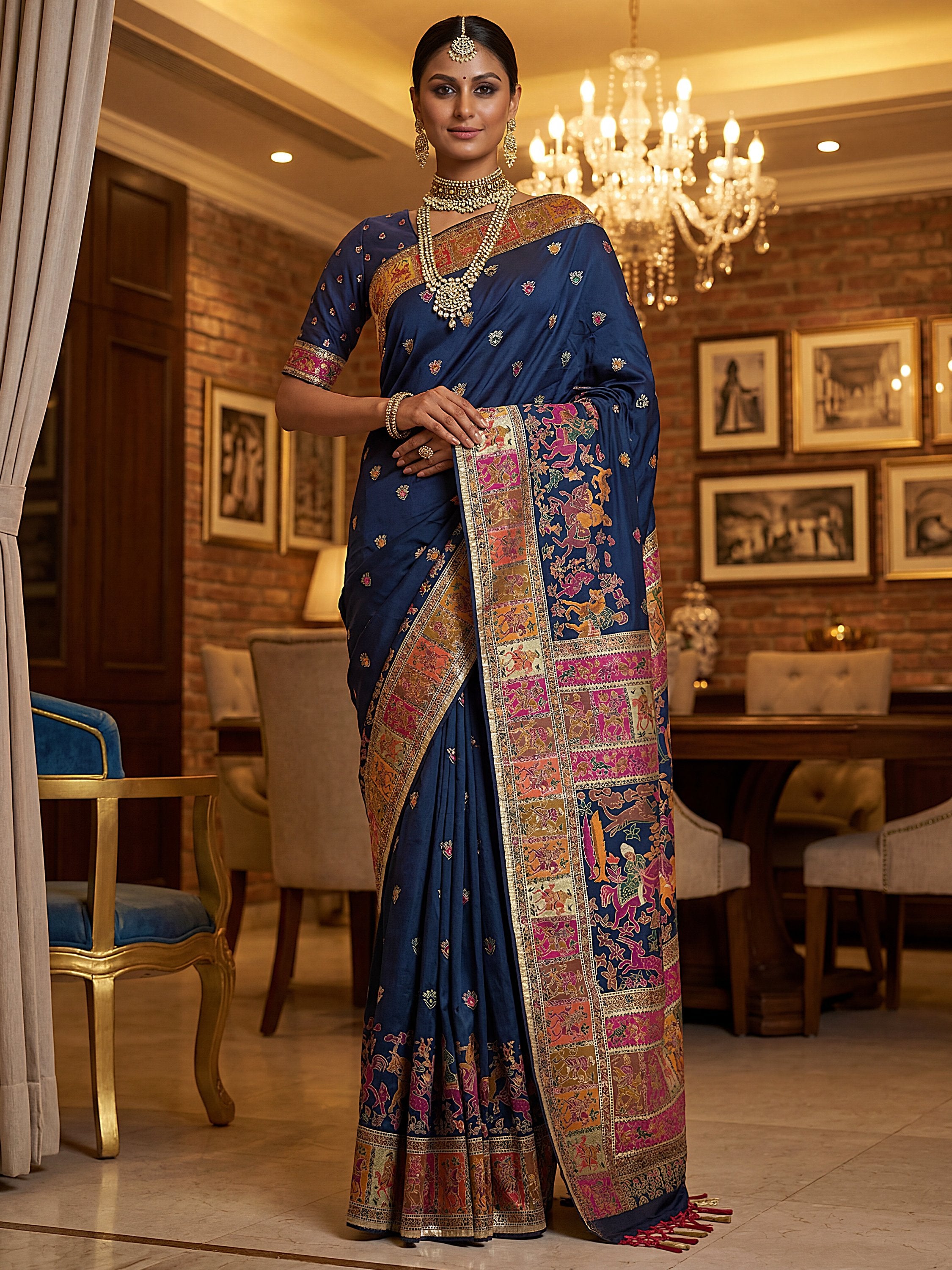 Marvelous Navy Blue Zari Work Pashmina Silk Saree With Blouse
