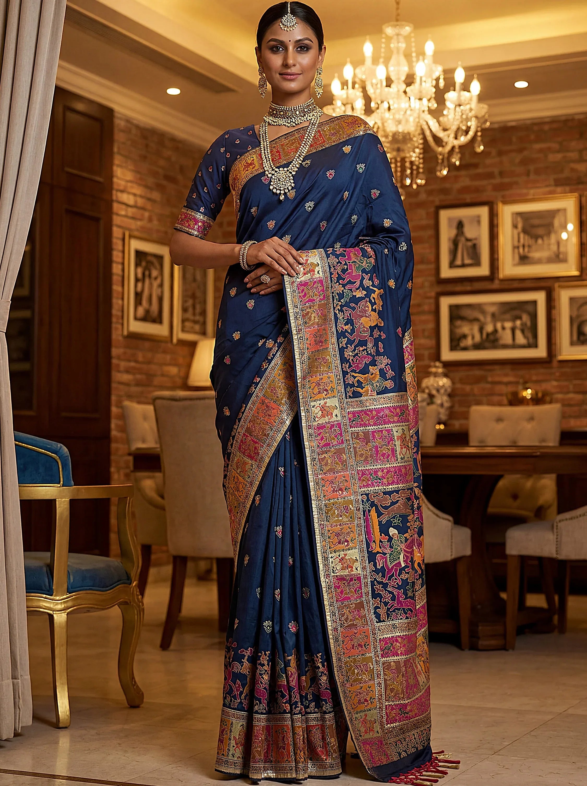 Marvelous Navy Blue Zari Work Pashmina Silk Saree With Blouse
