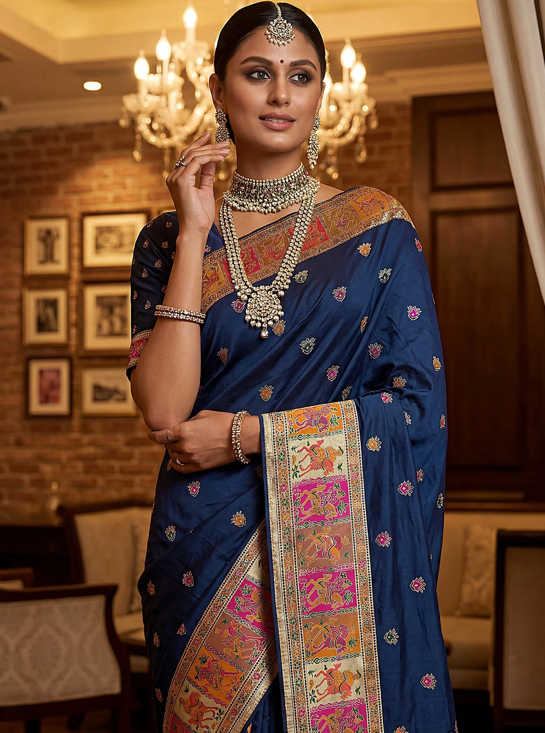 Marvelous Navy Blue Zari Work Pashmina Silk Saree With Blouse