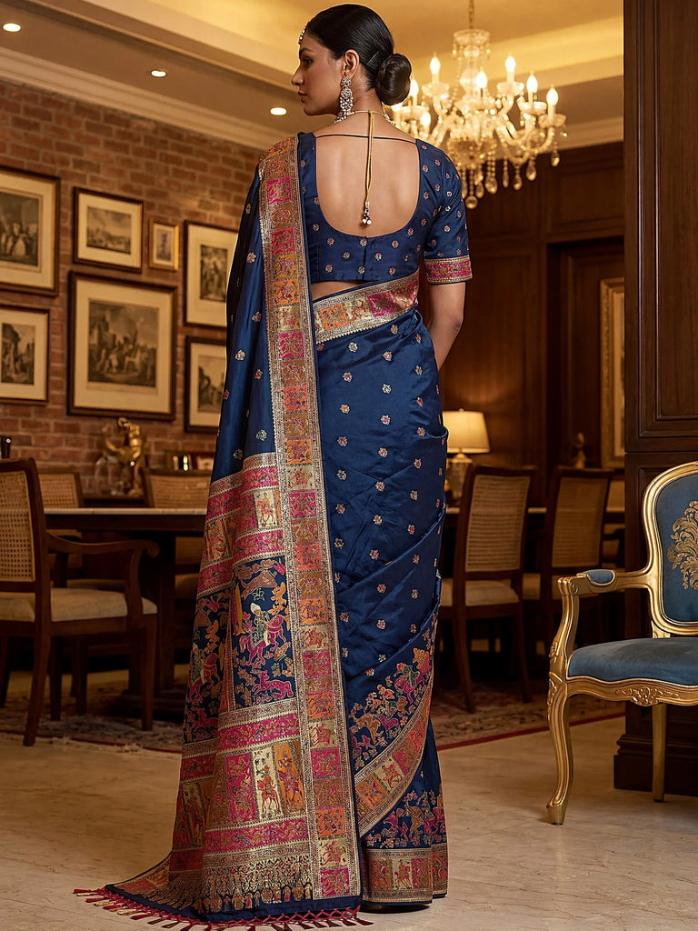 Marvelous Navy Blue Zari Work Pashmina Silk Saree With Blouse