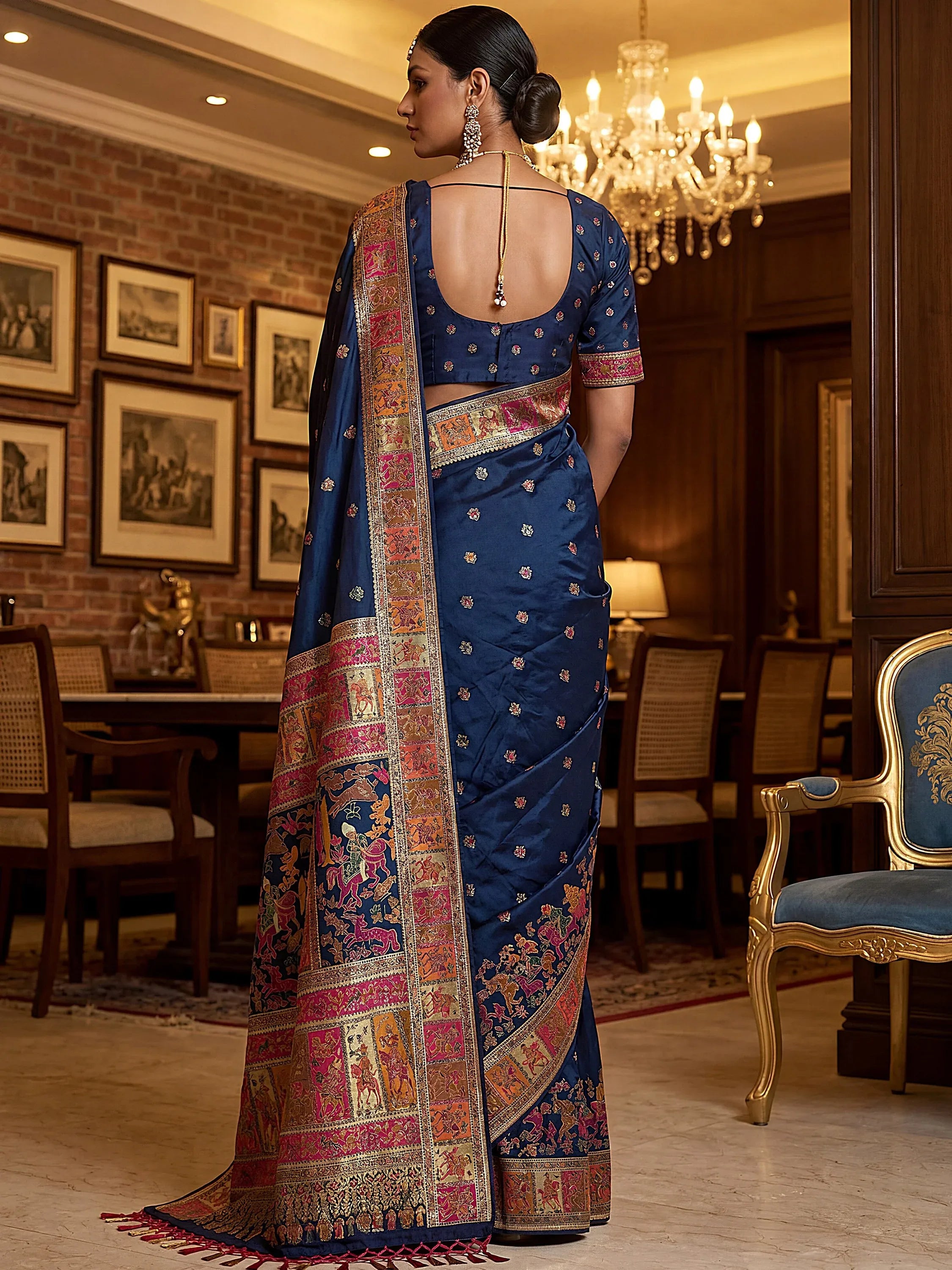 Marvelous Navy Blue Zari Work Pashmina Silk Saree With Blouse