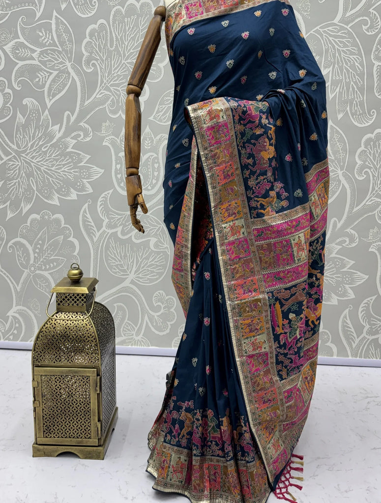Marvelous Navy Blue Zari Work Pashmina Silk Saree With Blouse
