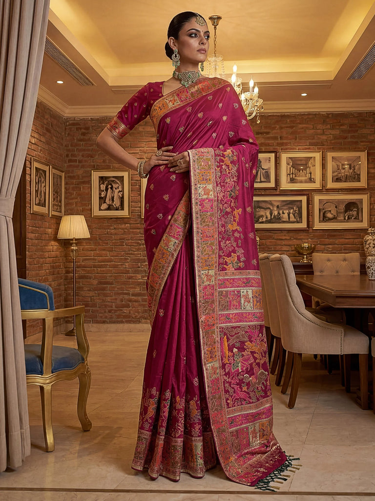 Dreamy Rani Pink Zari Work Pashmina Silk Engagement Wear Saree With Blouse