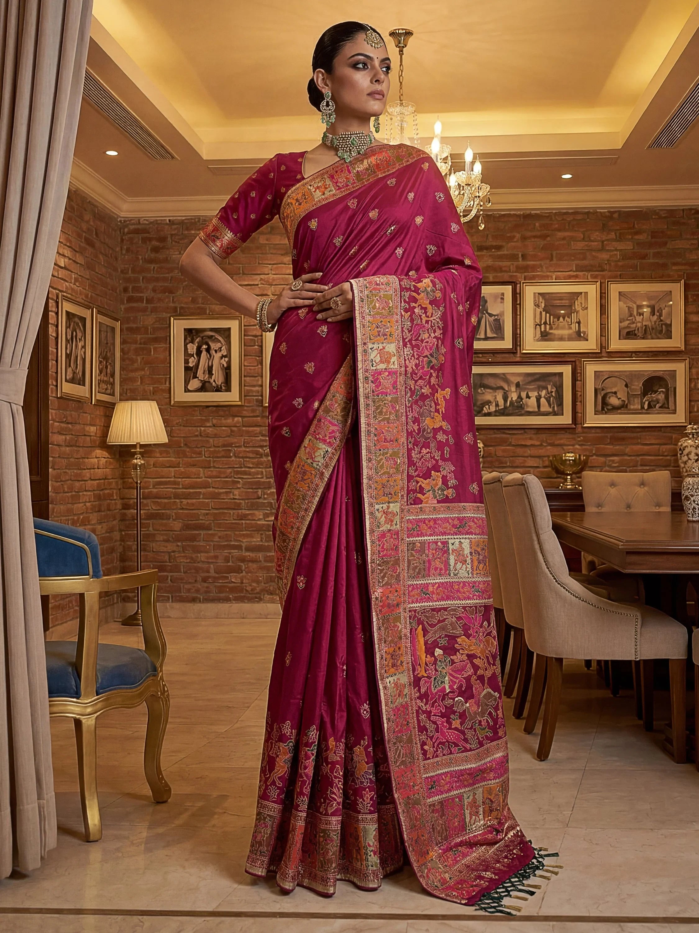Dreamy Rani Pink Zari Work Pashmina Silk Engagement Wear Saree With Blouse