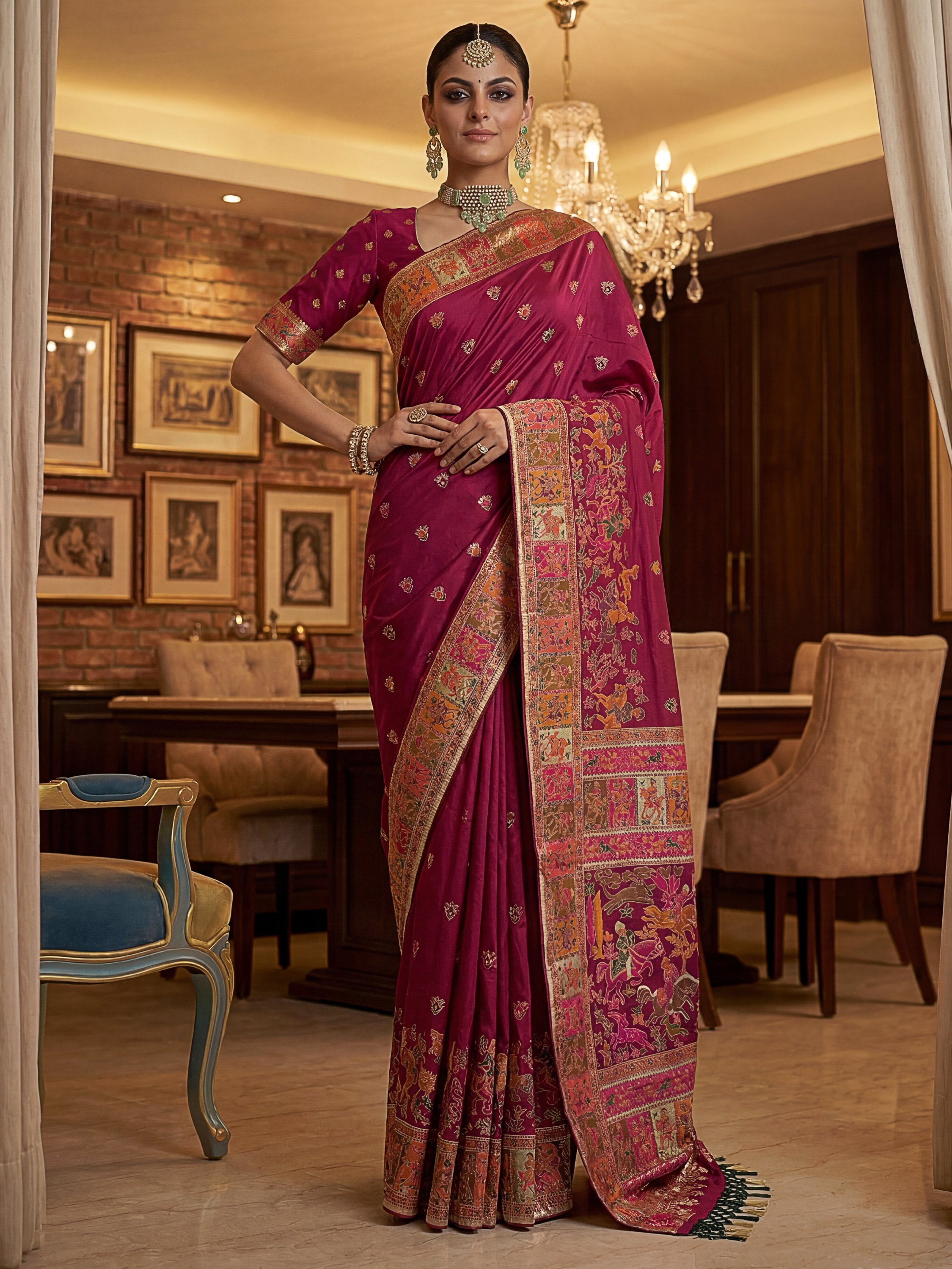 Dreamy Rani Pink Zari Work Pashmina Silk Engagement Wear Saree With Blouse