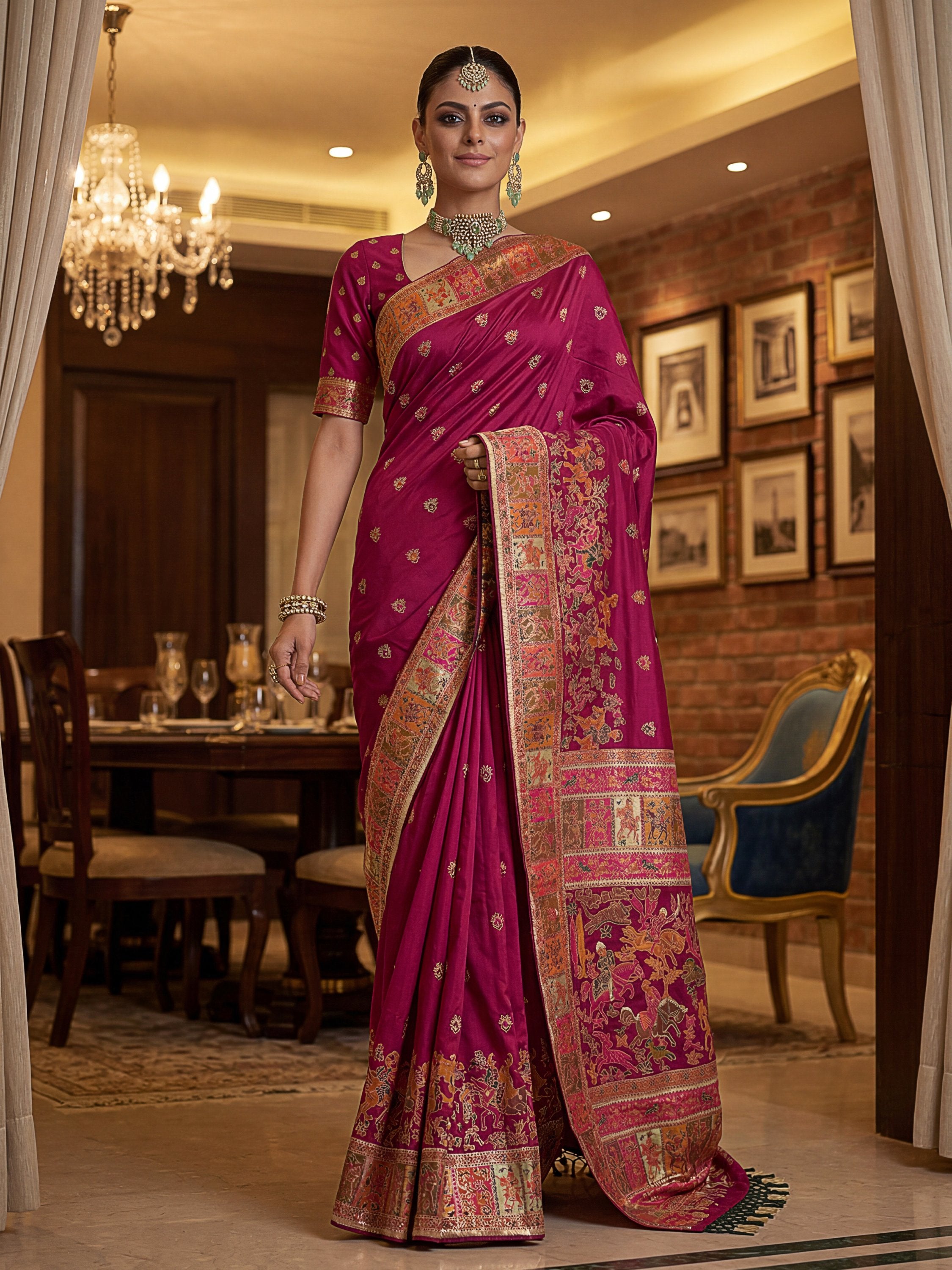 Dreamy Rani Pink Zari Work Pashmina Silk Engagement Wear Saree With Blouse