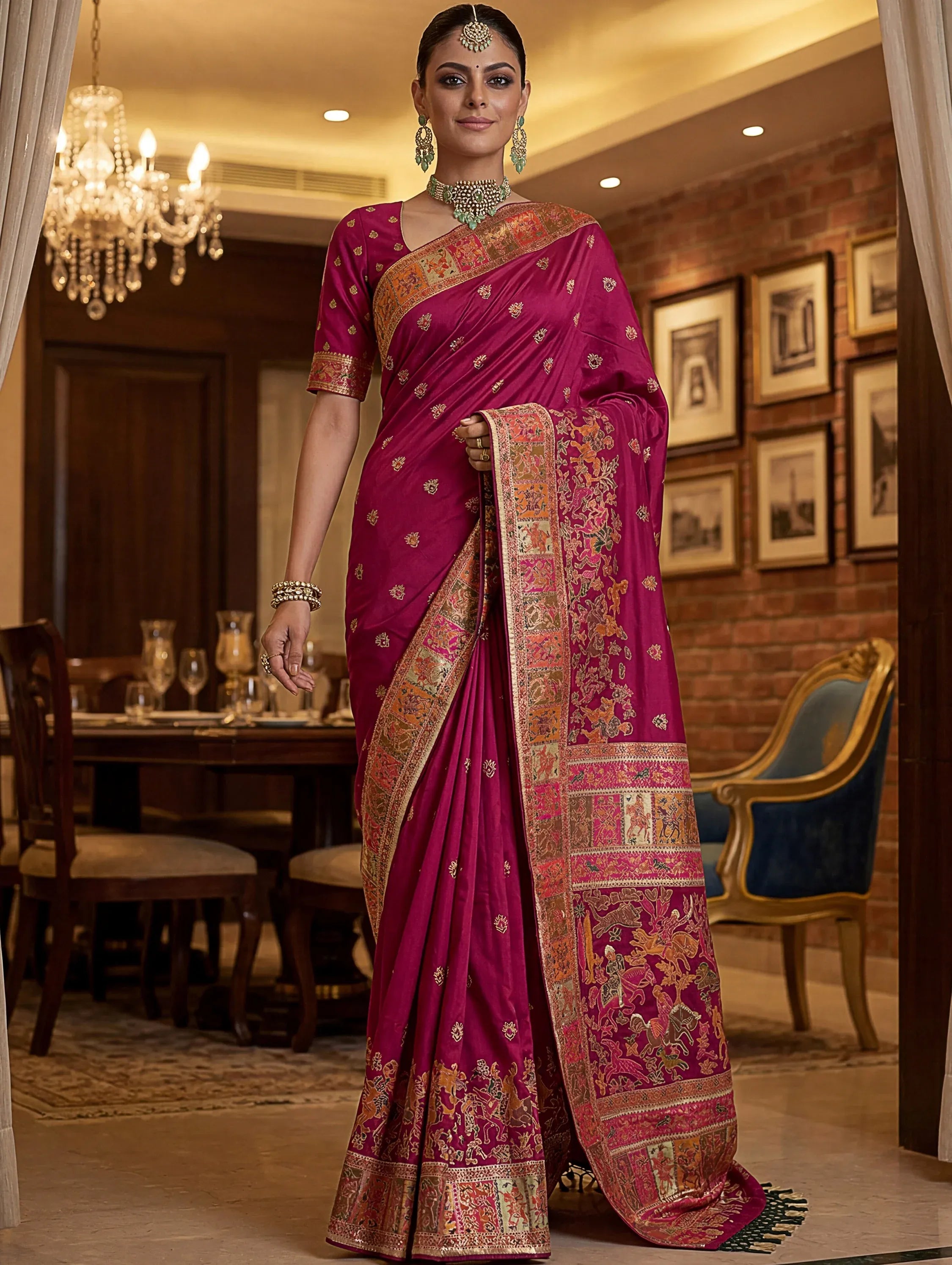 Dreamy Rani Pink Zari Work Pashmina Silk Engagement Wear Saree With Blouse