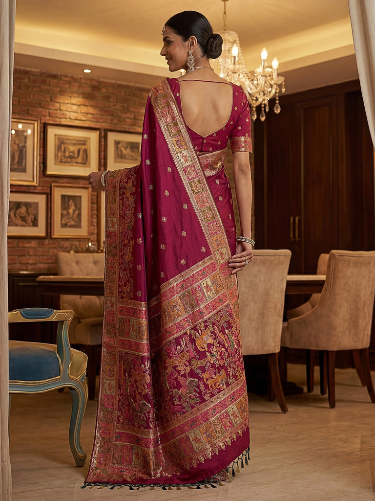 Dreamy Rani Pink Zari Work Pashmina Silk Engagement Wear Saree With Blouse