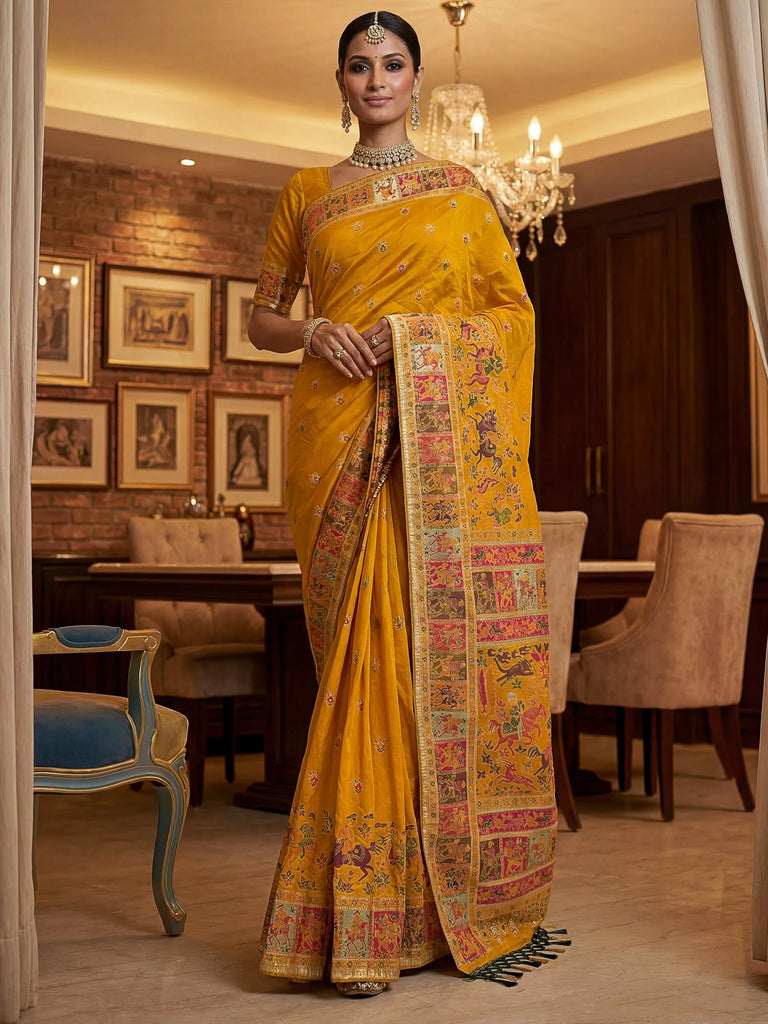 Exclusive Mustard Yellow Zari Work Pashmina Silk Haldi Wear Saree With Blouse