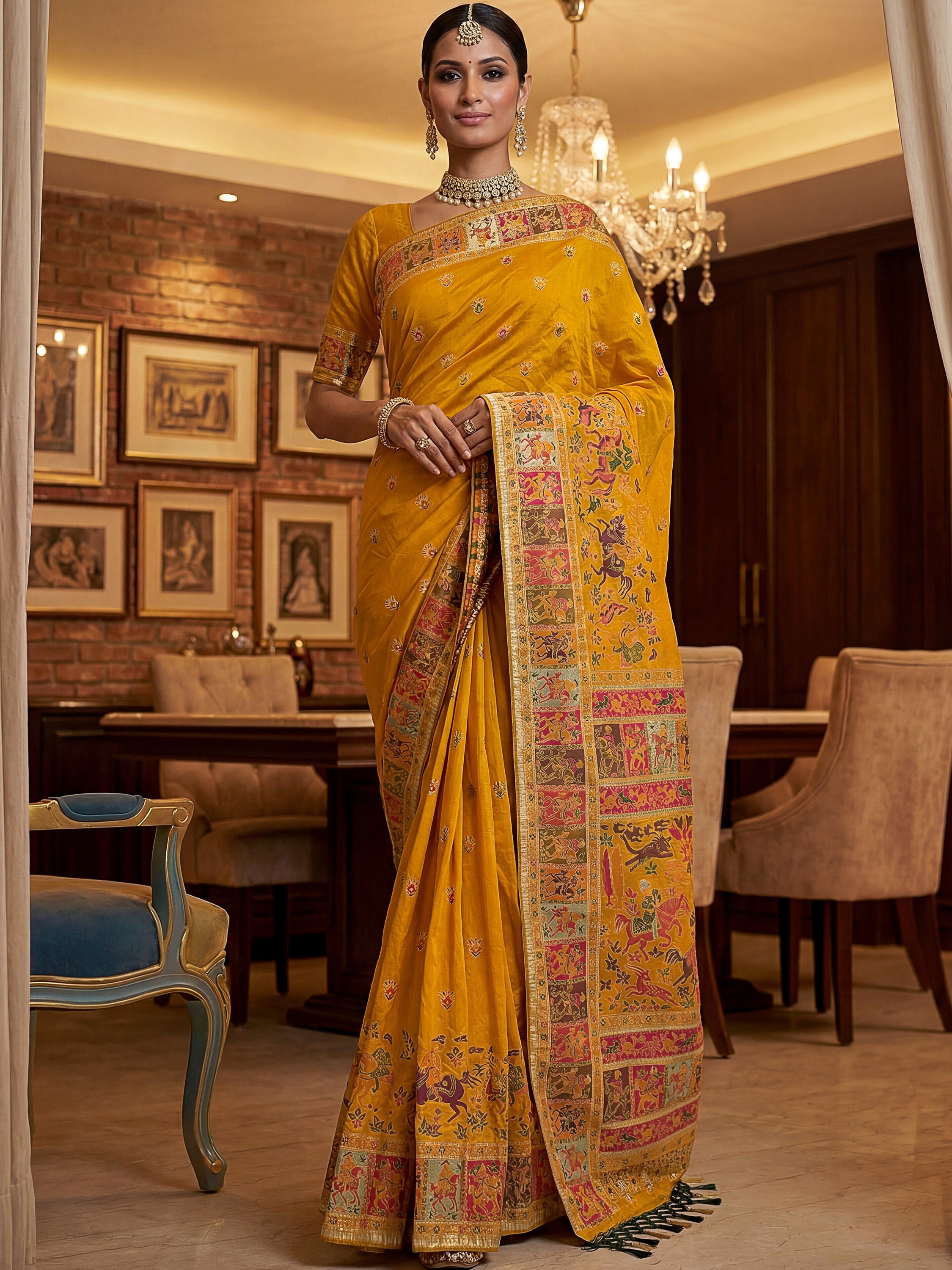 Exclusive Mustard Yellow Zari Work Pashmina Silk Haldi Wear Saree With Blouse
