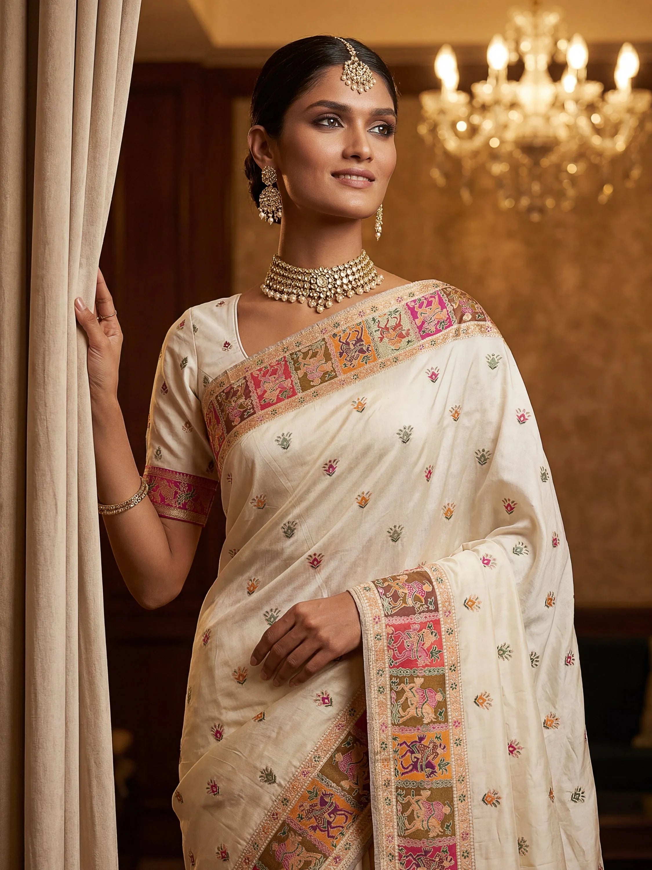 Excellent Cream Zari Work Pashmina Silk Festive Wear Saree With Blouse