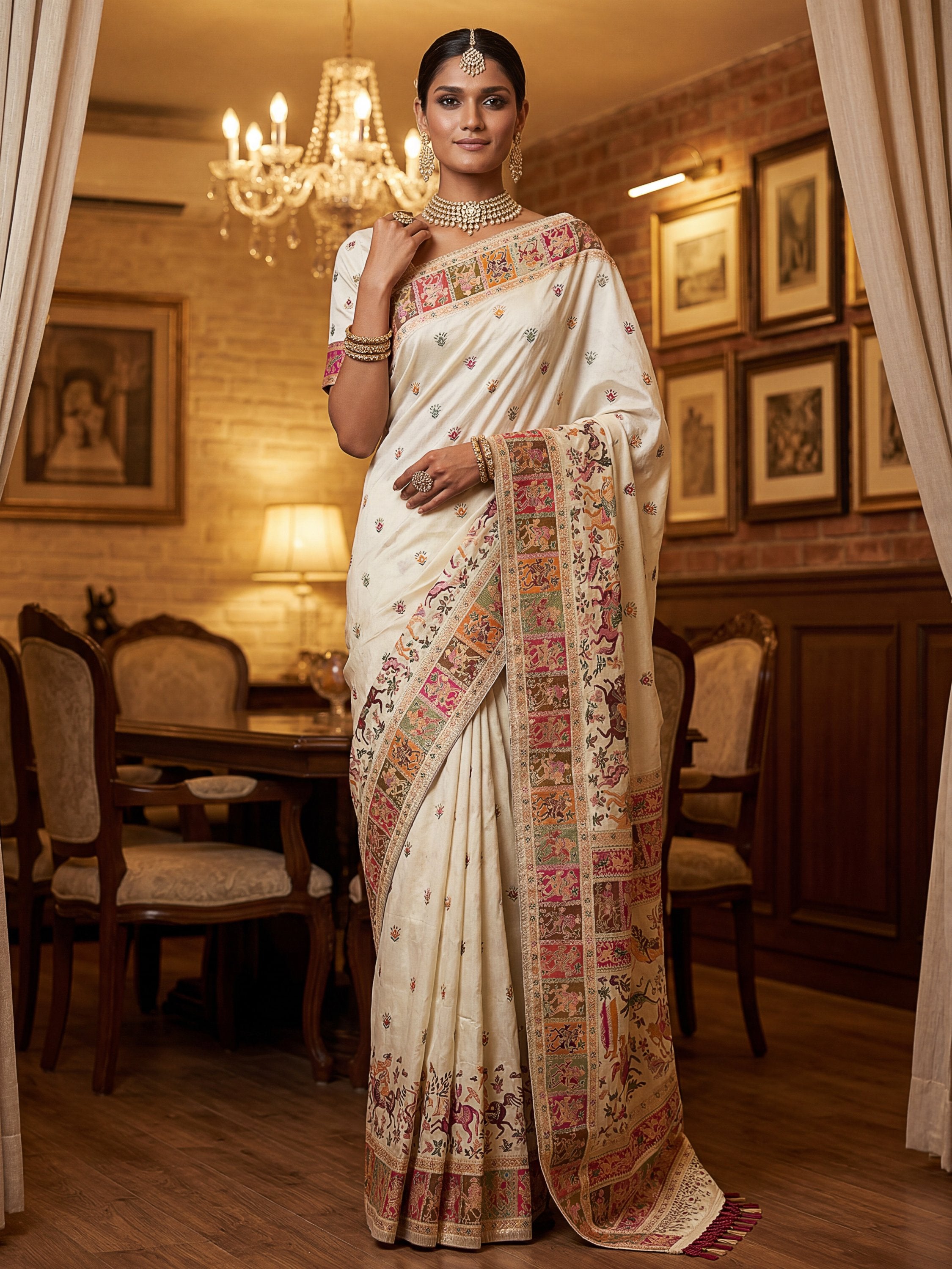 Excellent Cream Zari Work Pashmina Silk Festive Wear Saree With Blouse