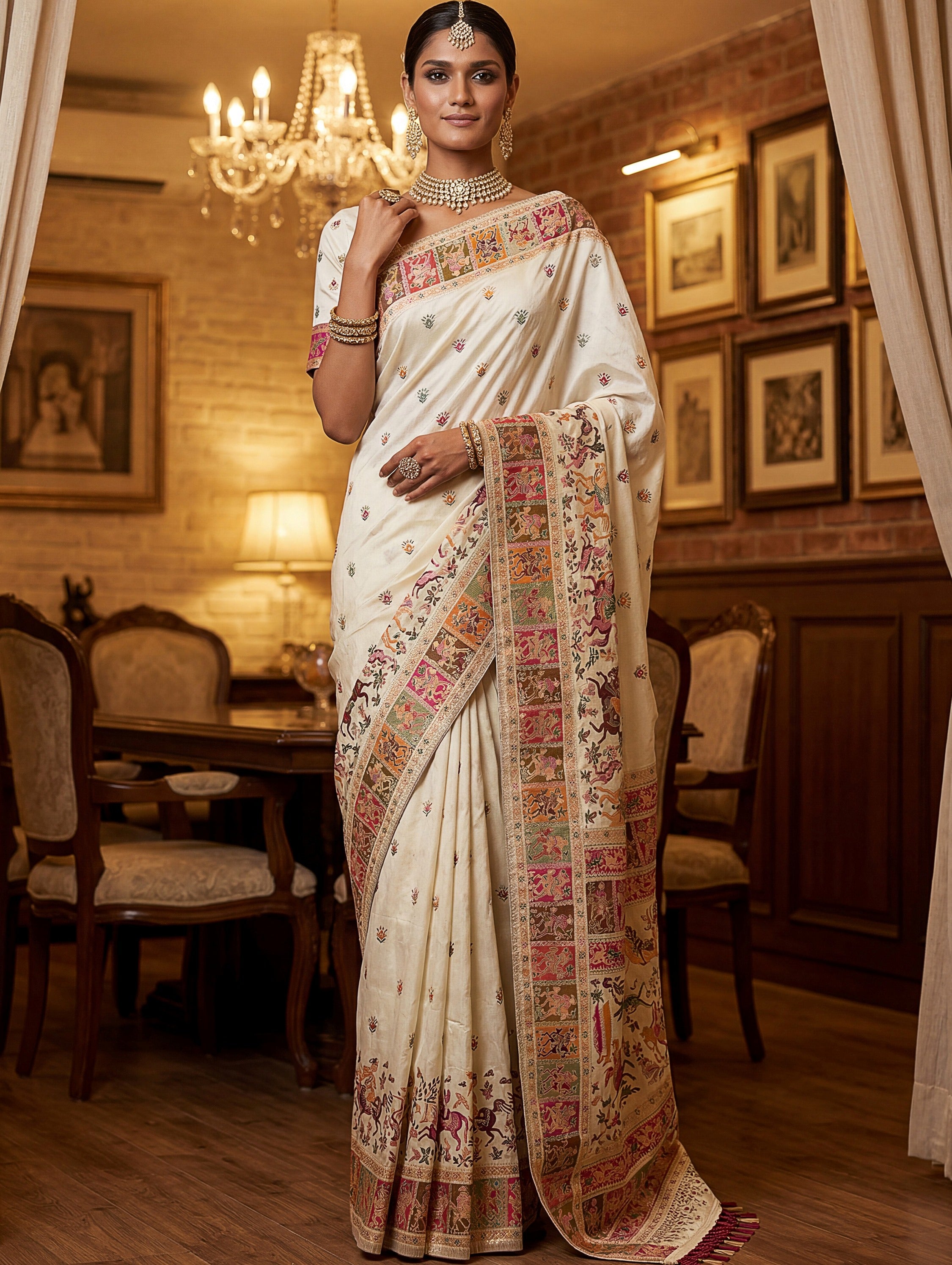 Excellent Cream Zari Work Pashmina Silk Festive Wear Saree With Blouse