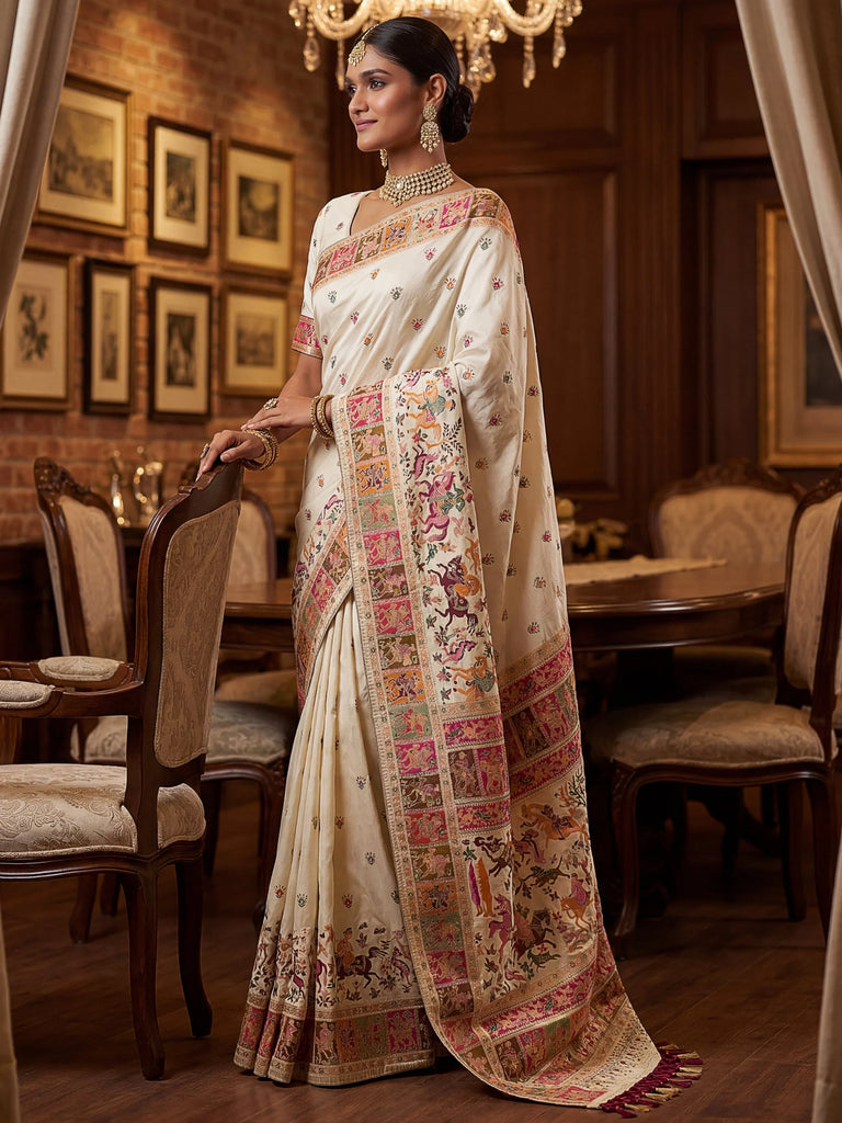 Excellent Cream Zari Work Pashmina Silk Festive Wear Saree With Blouse