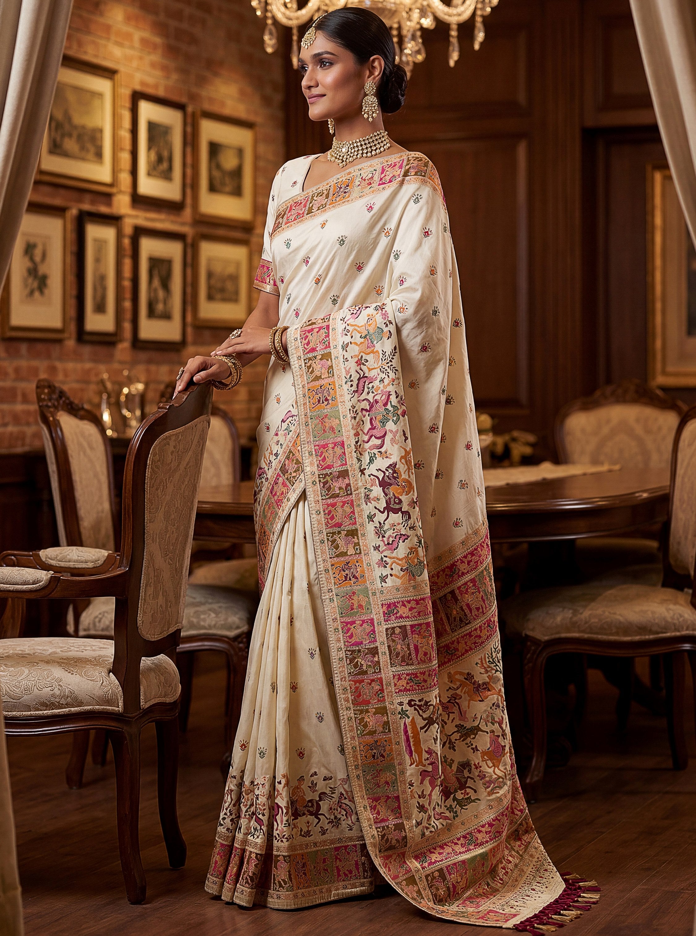 Excellent Cream Zari Work Pashmina Silk Festive Wear Saree With Blouse